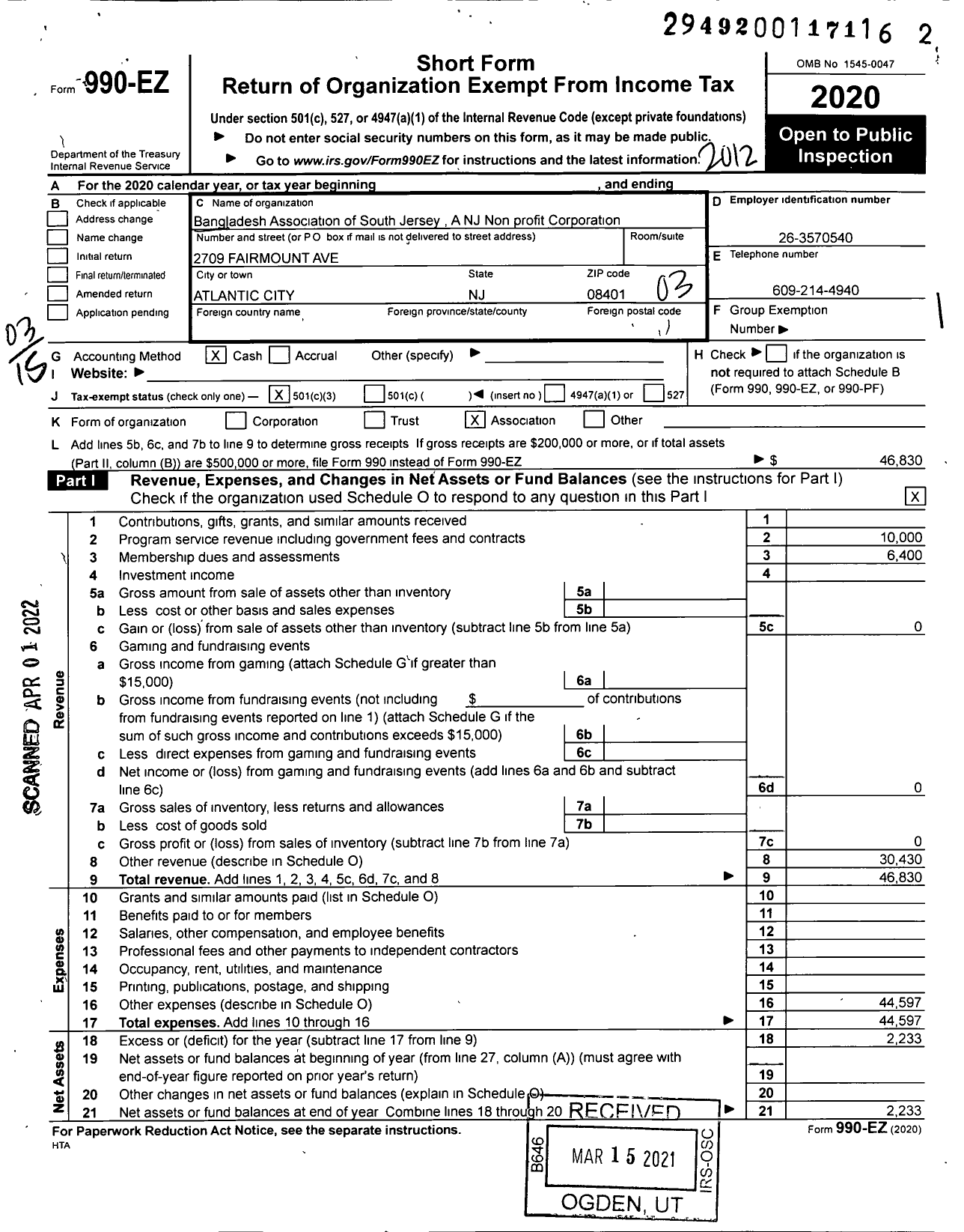 Image of first page of 2020 Form 990EZ for Bangladesh Association of South Jersey A NJ Non profit Corporation