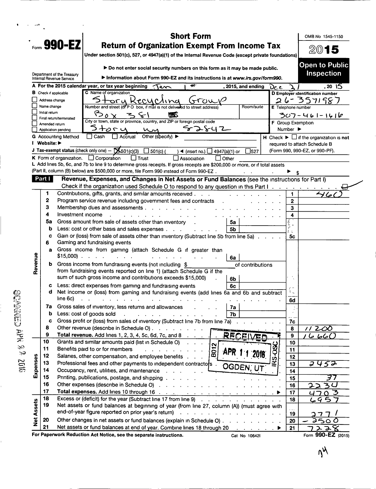 Image of first page of 2015 Form 990EZ for Story Recycling Group