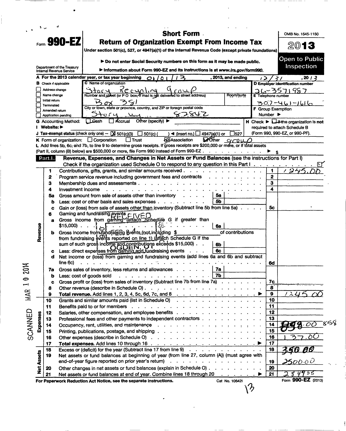 Image of first page of 2013 Form 990EZ for Story Recycling Group