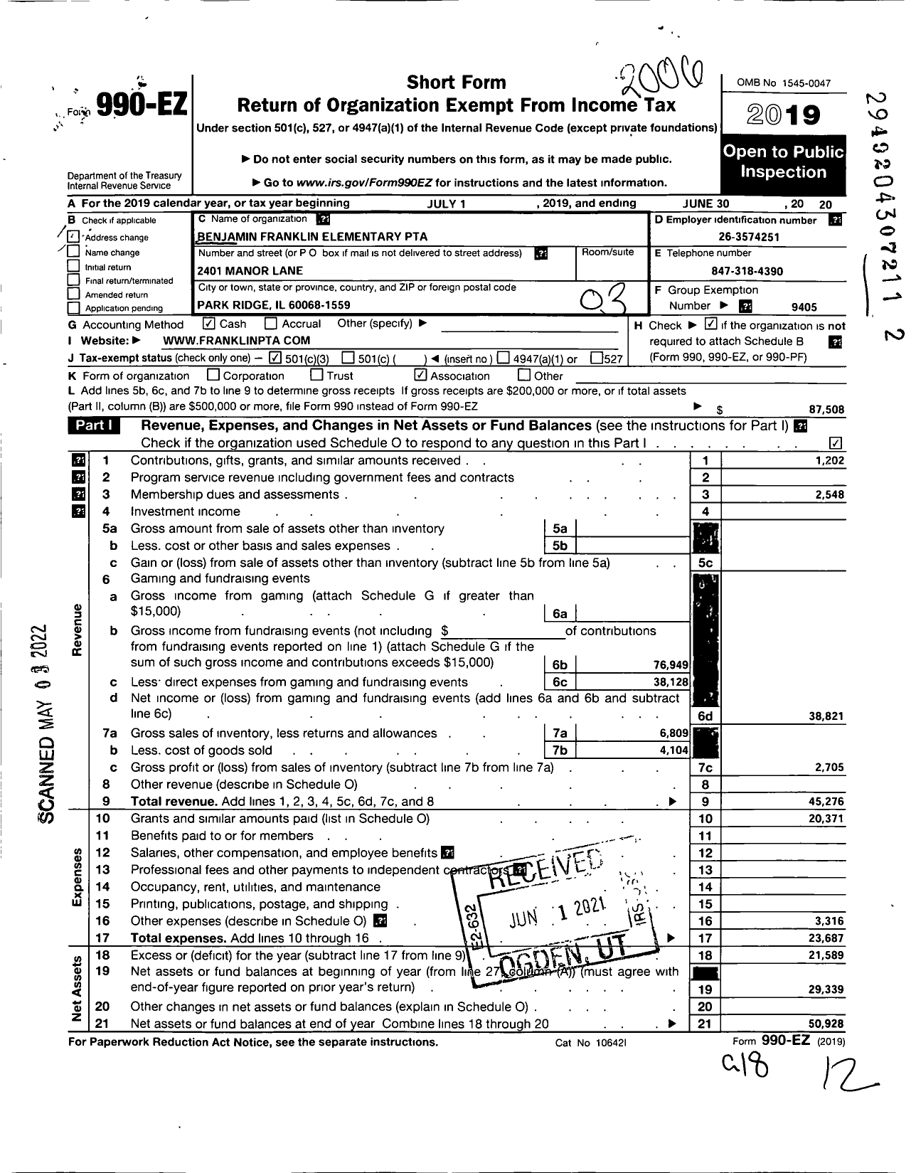 Image of first page of 2019 Form 990EZ for Illinois PTA - Benjamin Franklin Elem PTA