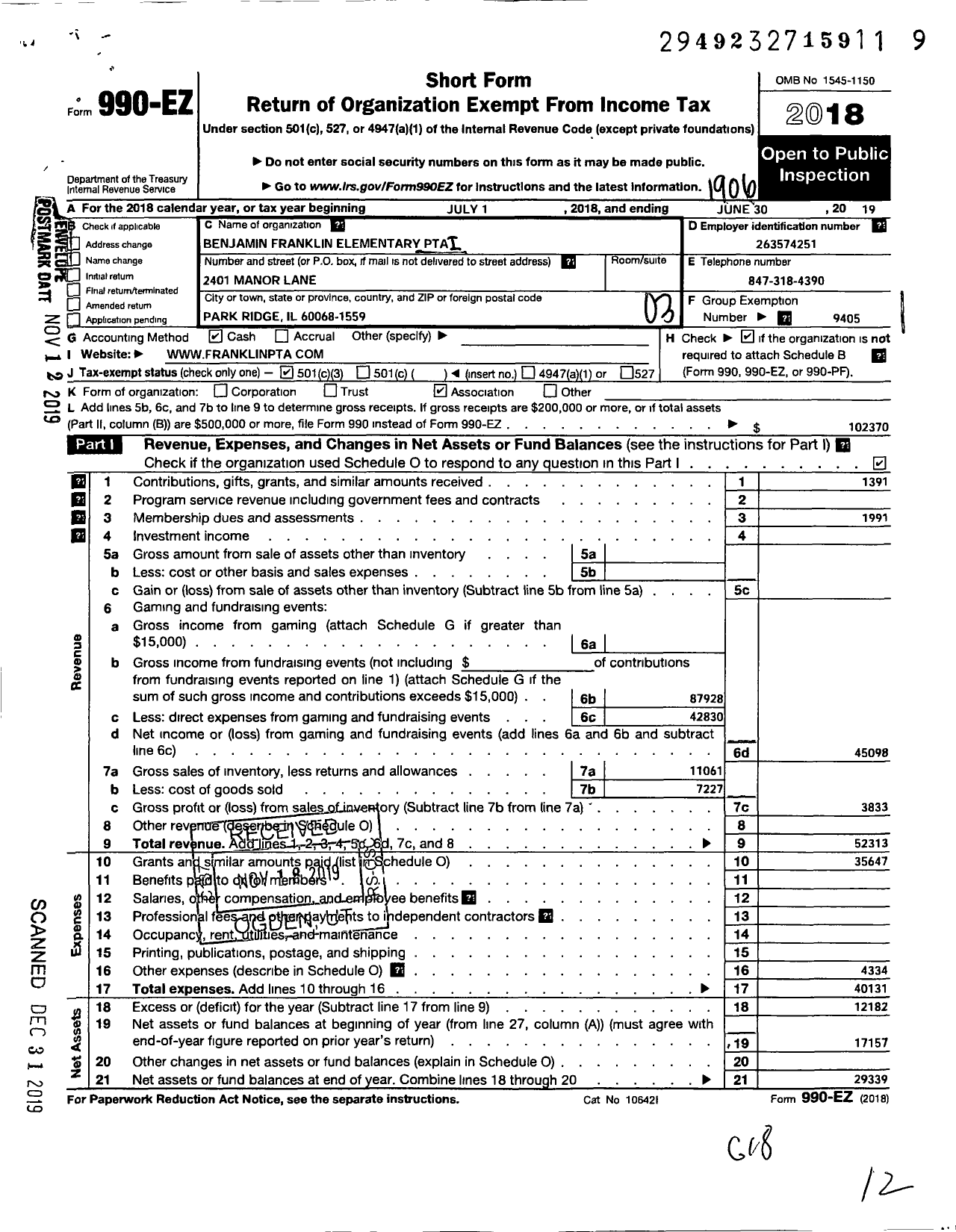 Image of first page of 2018 Form 990EZ for Illinois PTA - Benjamin Franklin Elem PTA