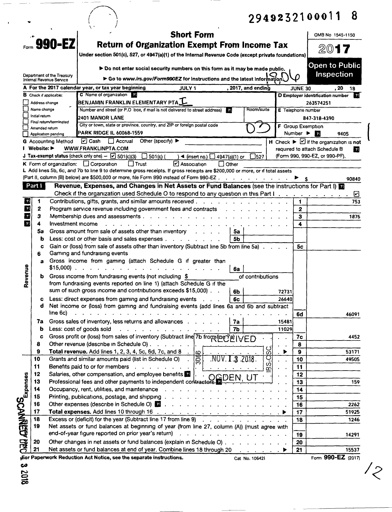 Image of first page of 2017 Form 990EZ for Illinois PTA - Benjamin Franklin Elem PTA