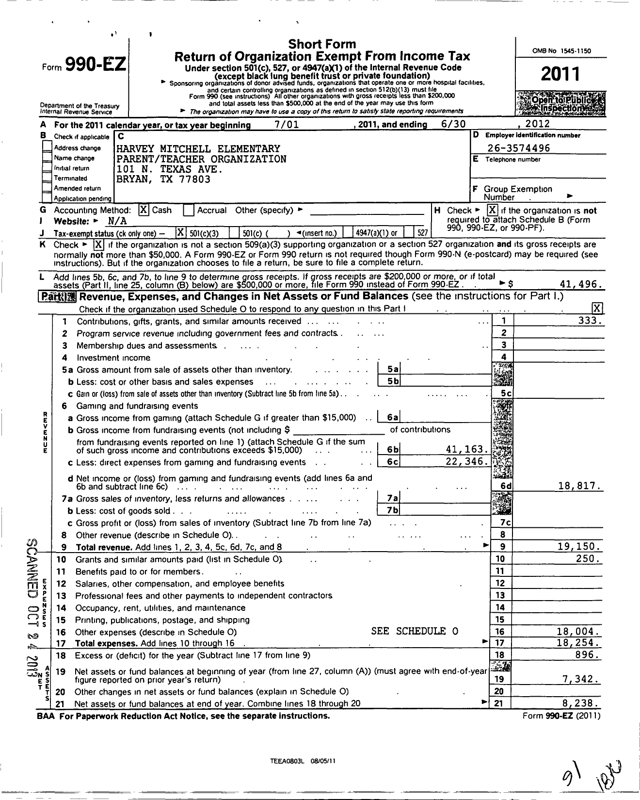 Image of first page of 2011 Form 990EZ for Harvey Mitchell Elementary Parent Teacher Organization