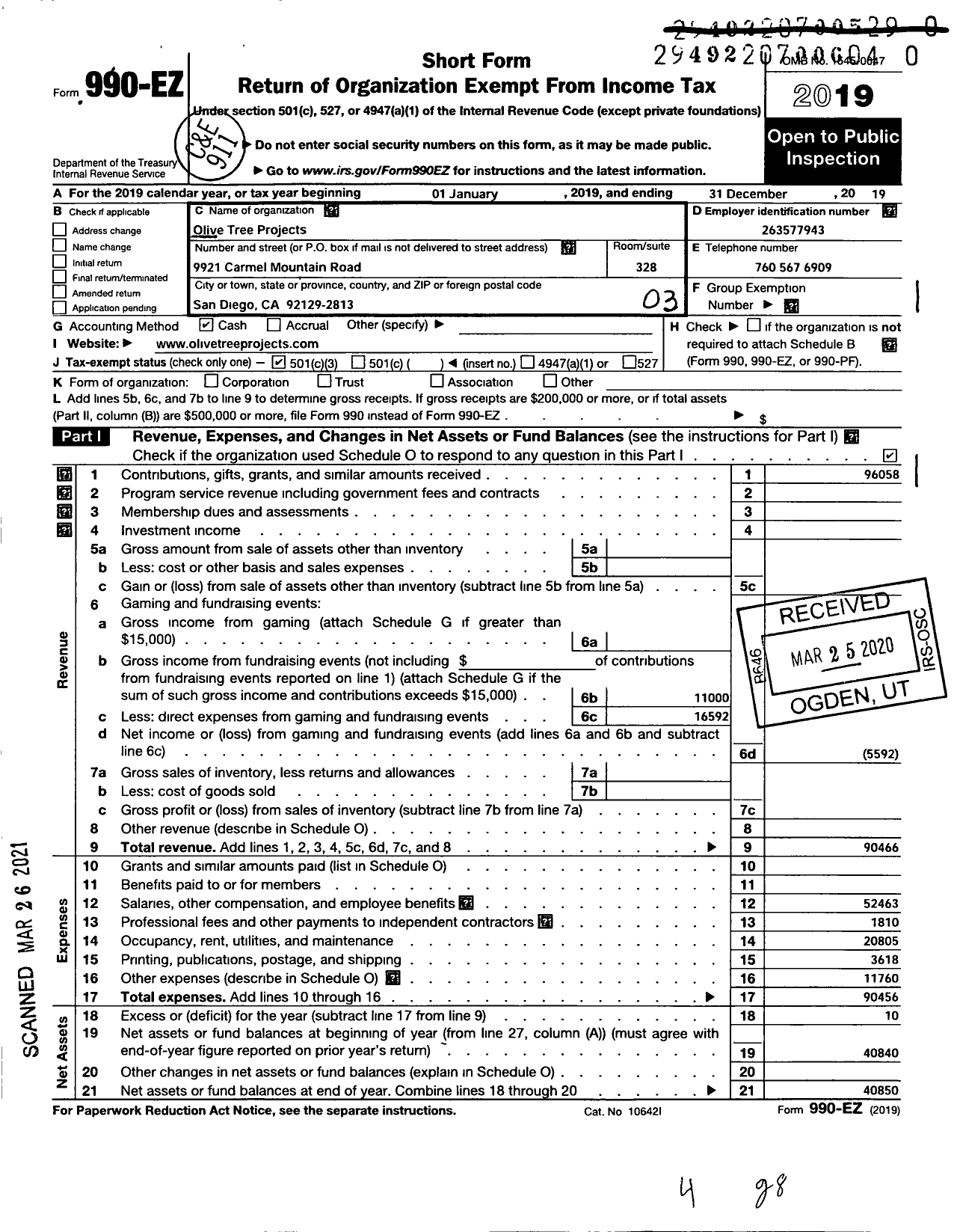 Image of first page of 2019 Form 990EZ for Olive Tree Projects