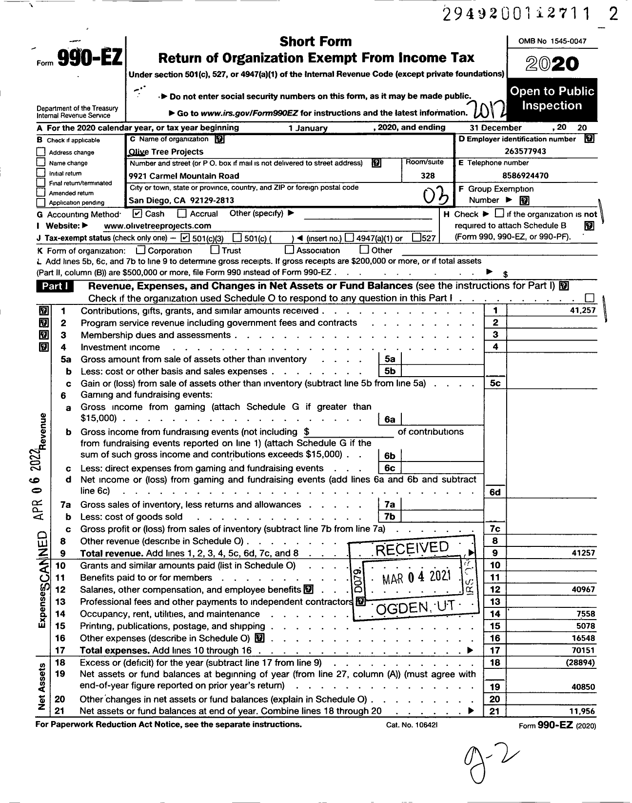 Image of first page of 2020 Form 990EZ for Olive Tree Projects