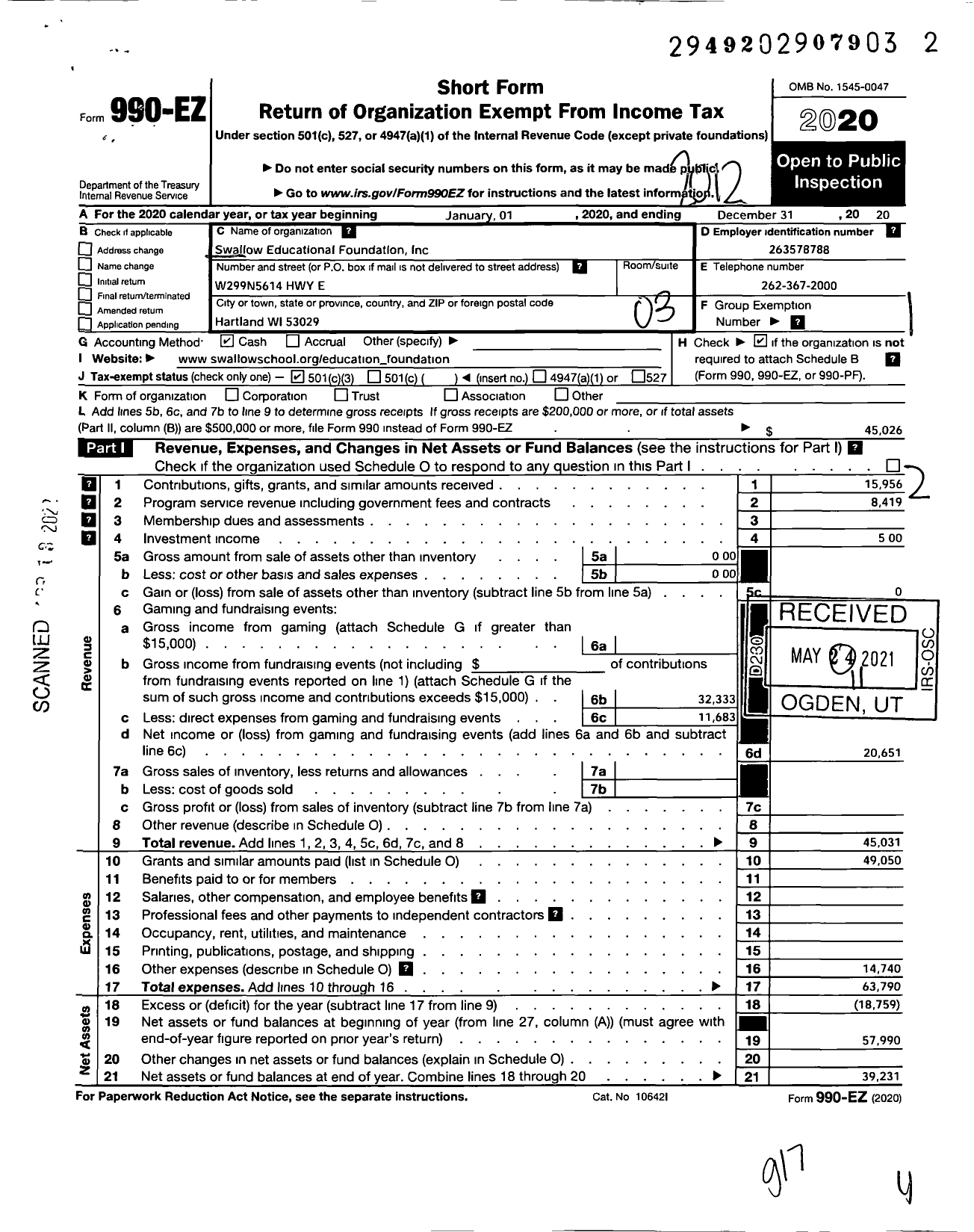 Image of first page of 2020 Form 990EZ for Swallow Education Foundation