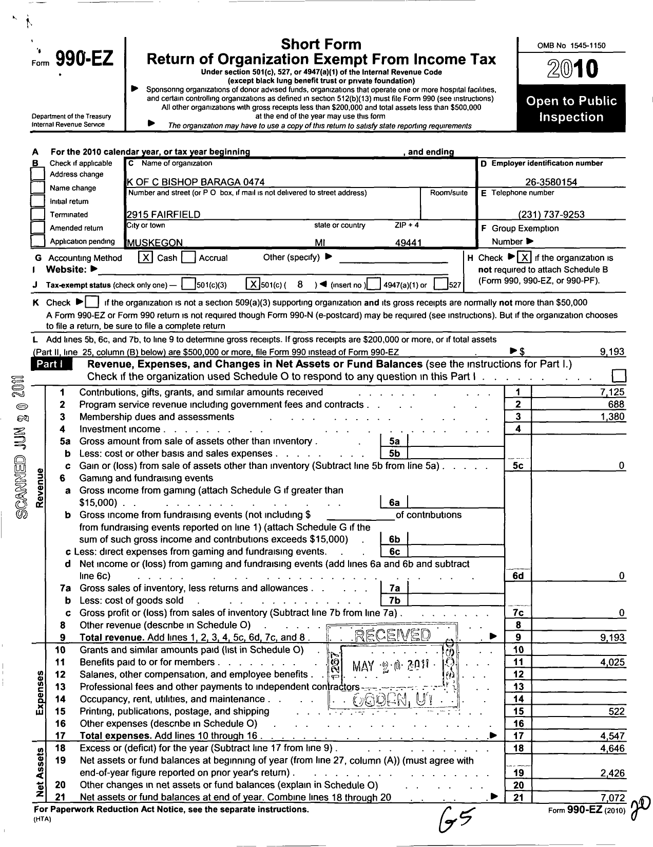 Image of first page of 2010 Form 990EO for Knights of Columbus / 474 BSHP Frederick Barga Assembly