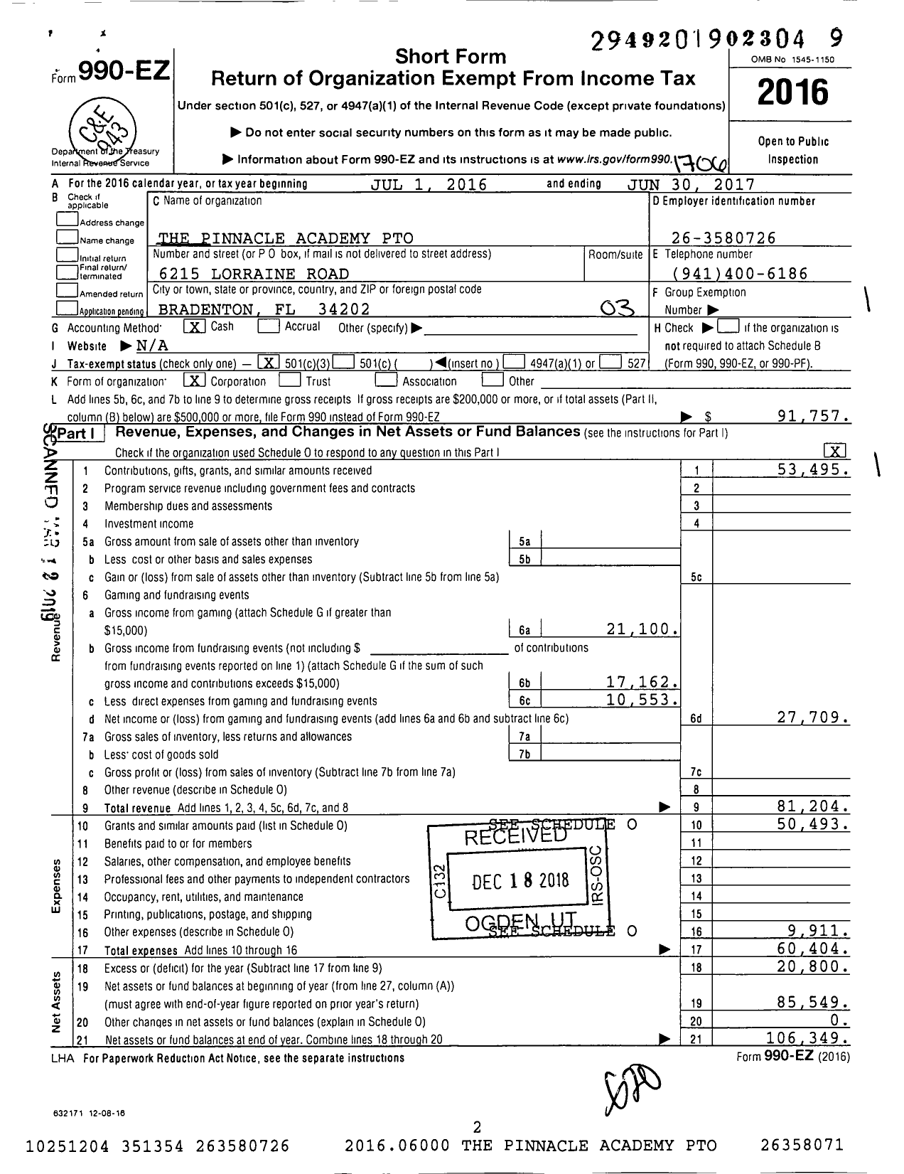 Image of first page of 2016 Form 990EZ for The Pinnacle Academy Pto