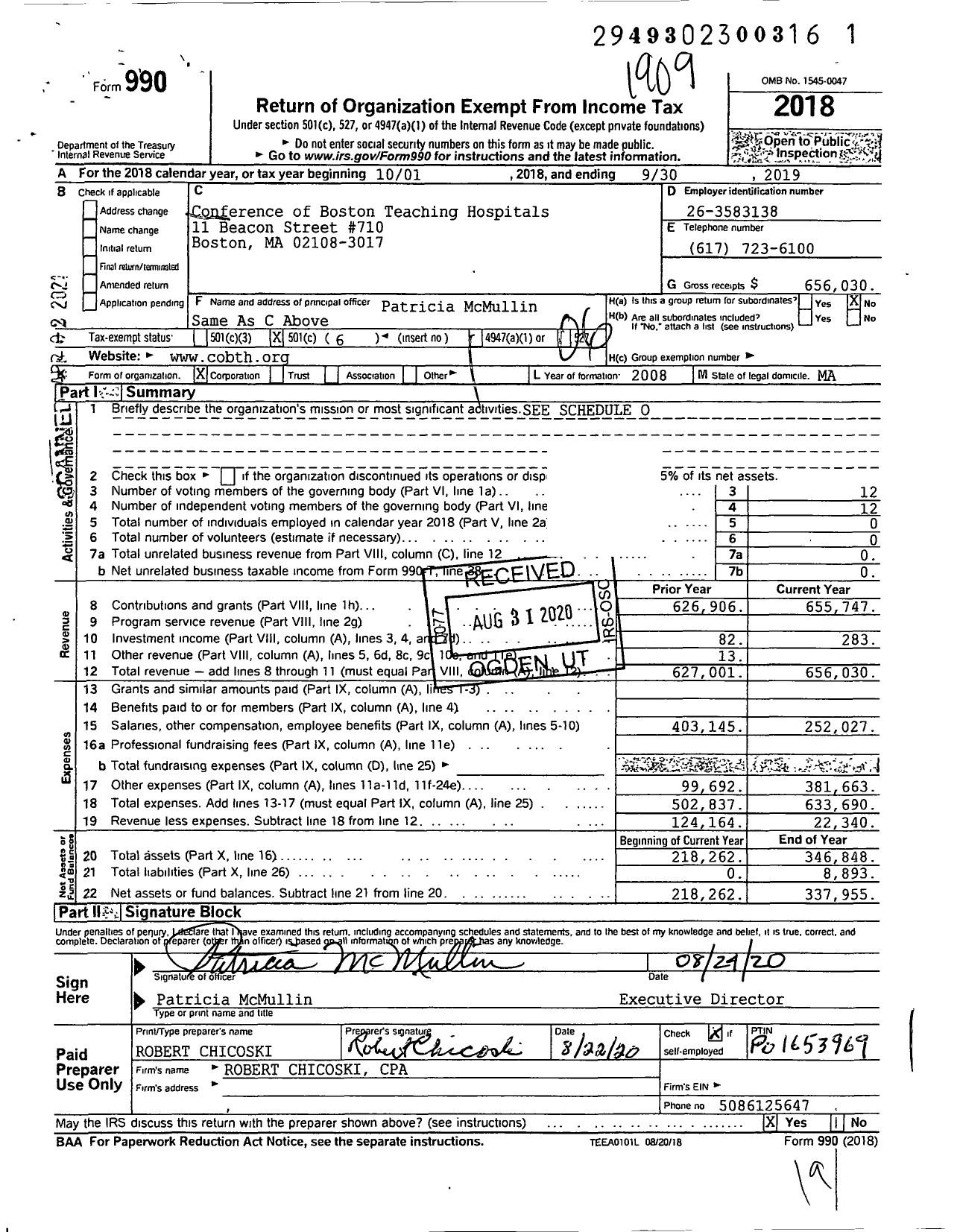 Image of first page of 2018 Form 990O for The Conference of Boston Teaching Hospitals (COBTH)