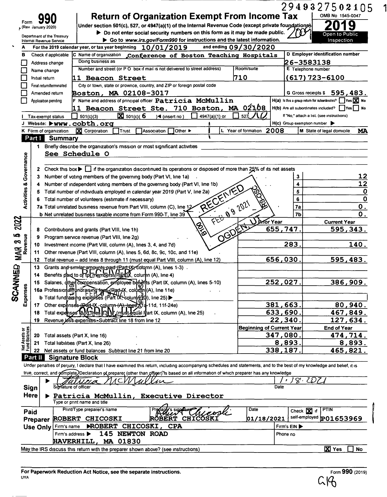 Image of first page of 2019 Form 990O for The Conference of Boston Teaching Hospitals (COBTH)