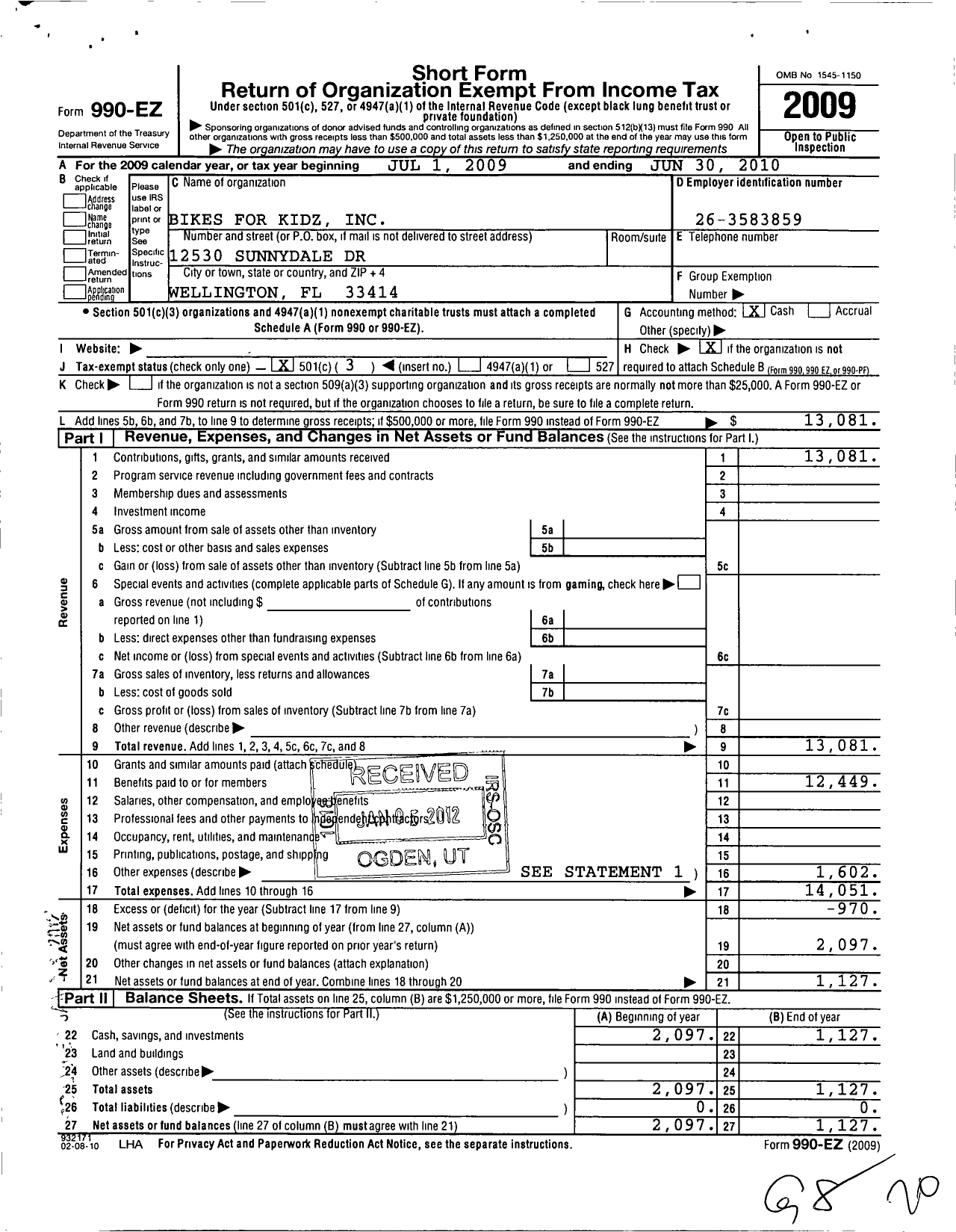 Image of first page of 2009 Form 990EZ for Bikes for Kidz