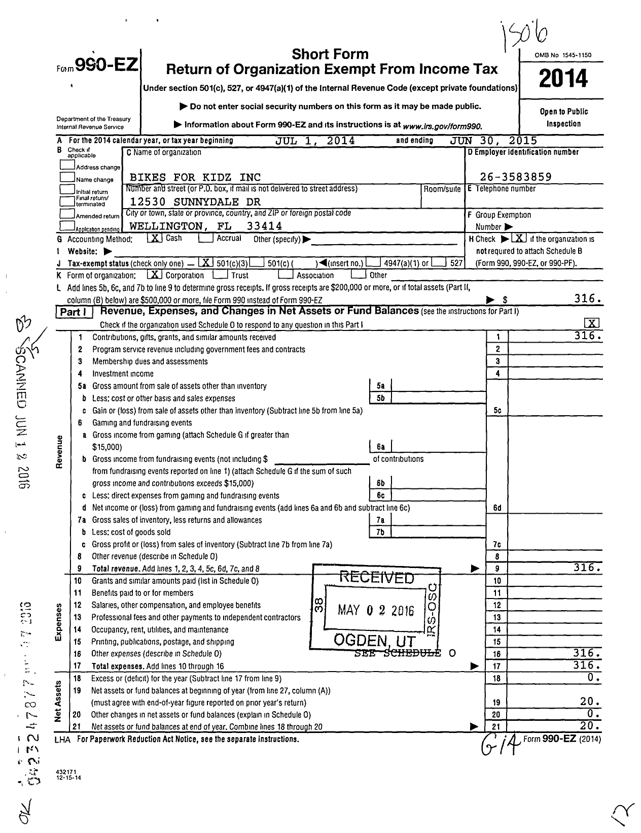 Image of first page of 2014 Form 990EZ for Bikes for Kidz