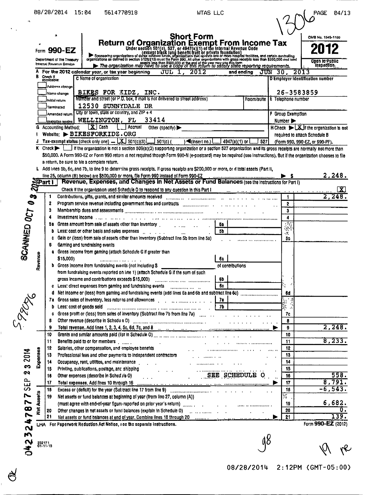 Image of first page of 2012 Form 990EZ for Bikes for Kidz