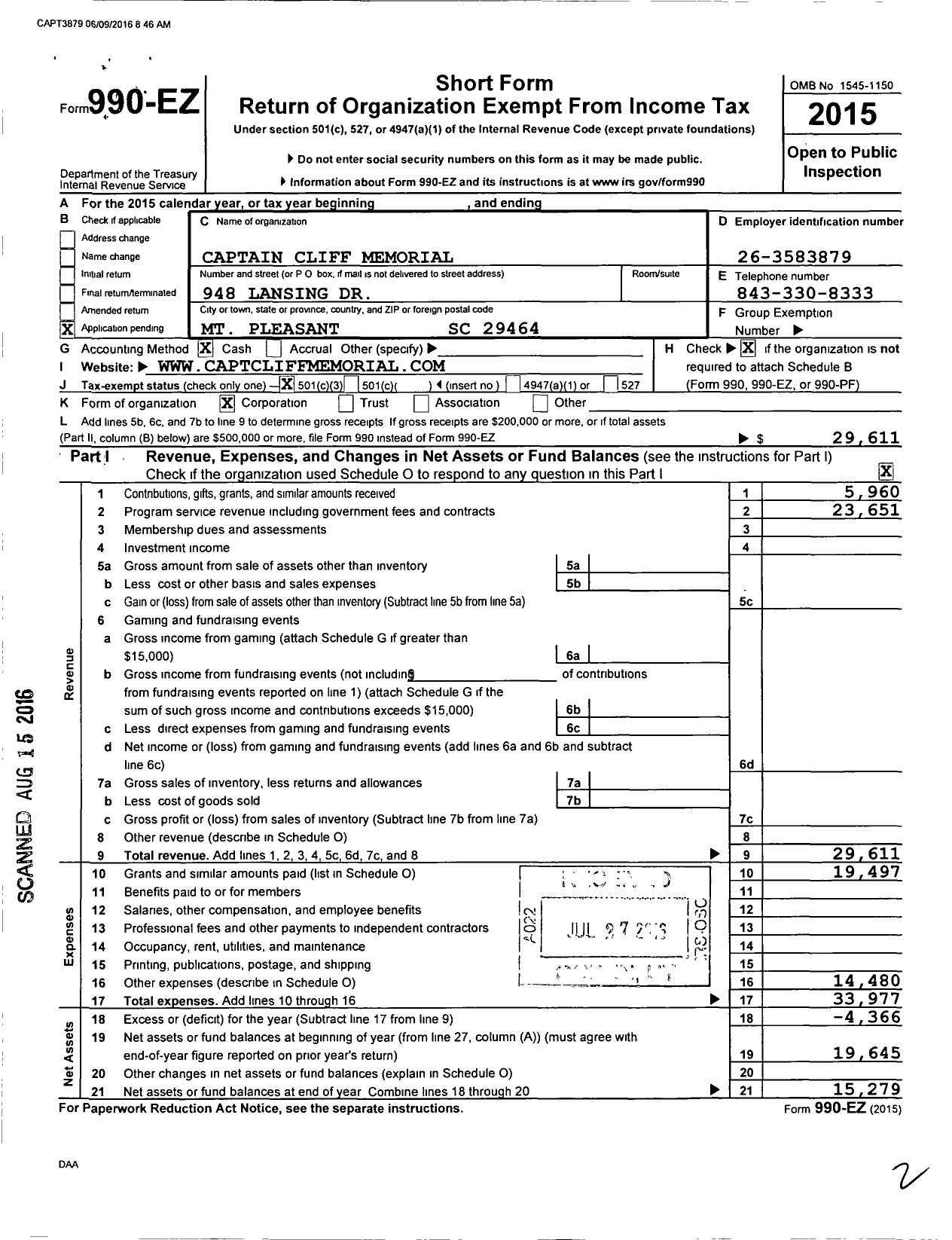 Image of first page of 2015 Form 990EZ for Captain Cliff Memorial