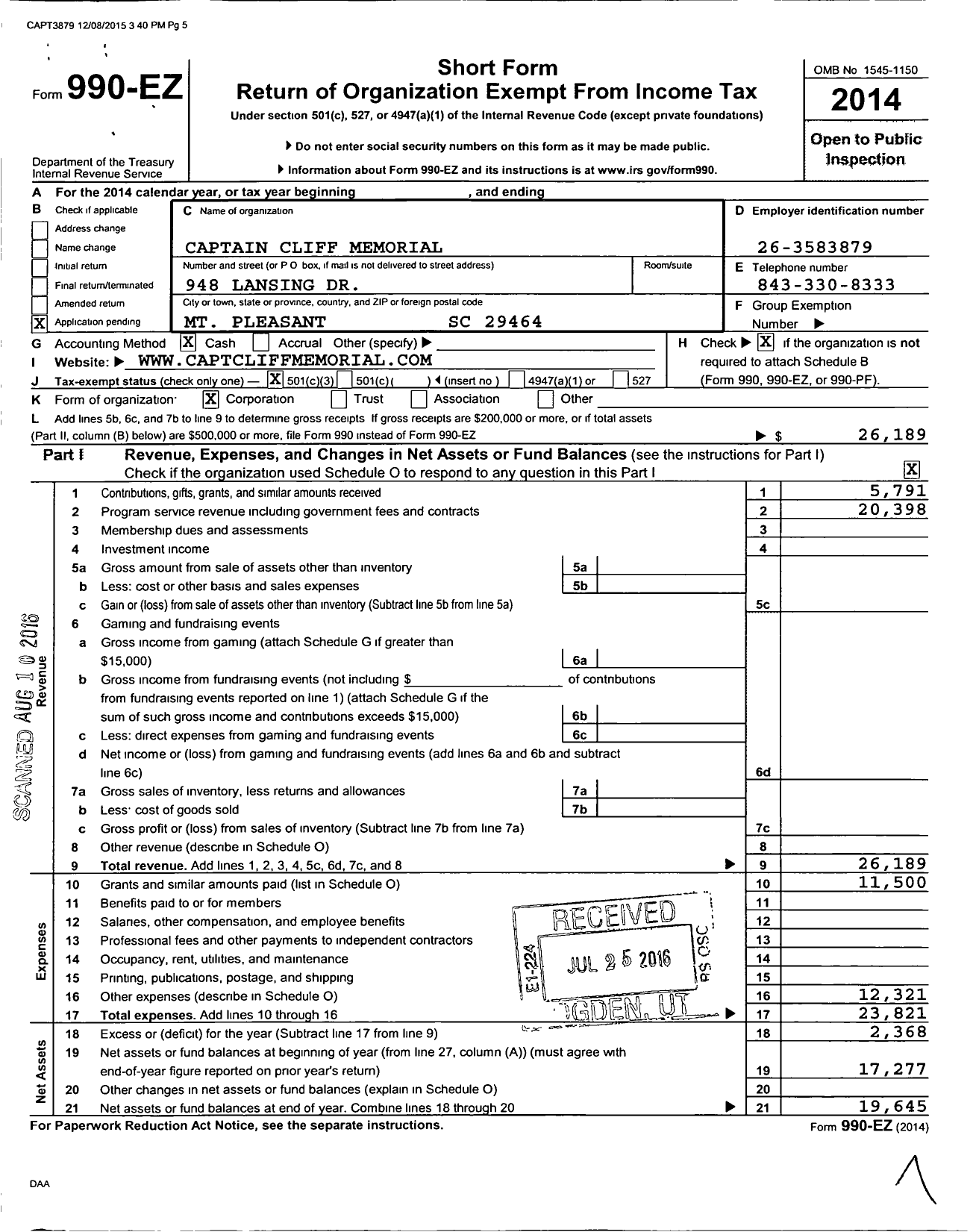 Image of first page of 2014 Form 990EZ for Captain Cliff Memorial
