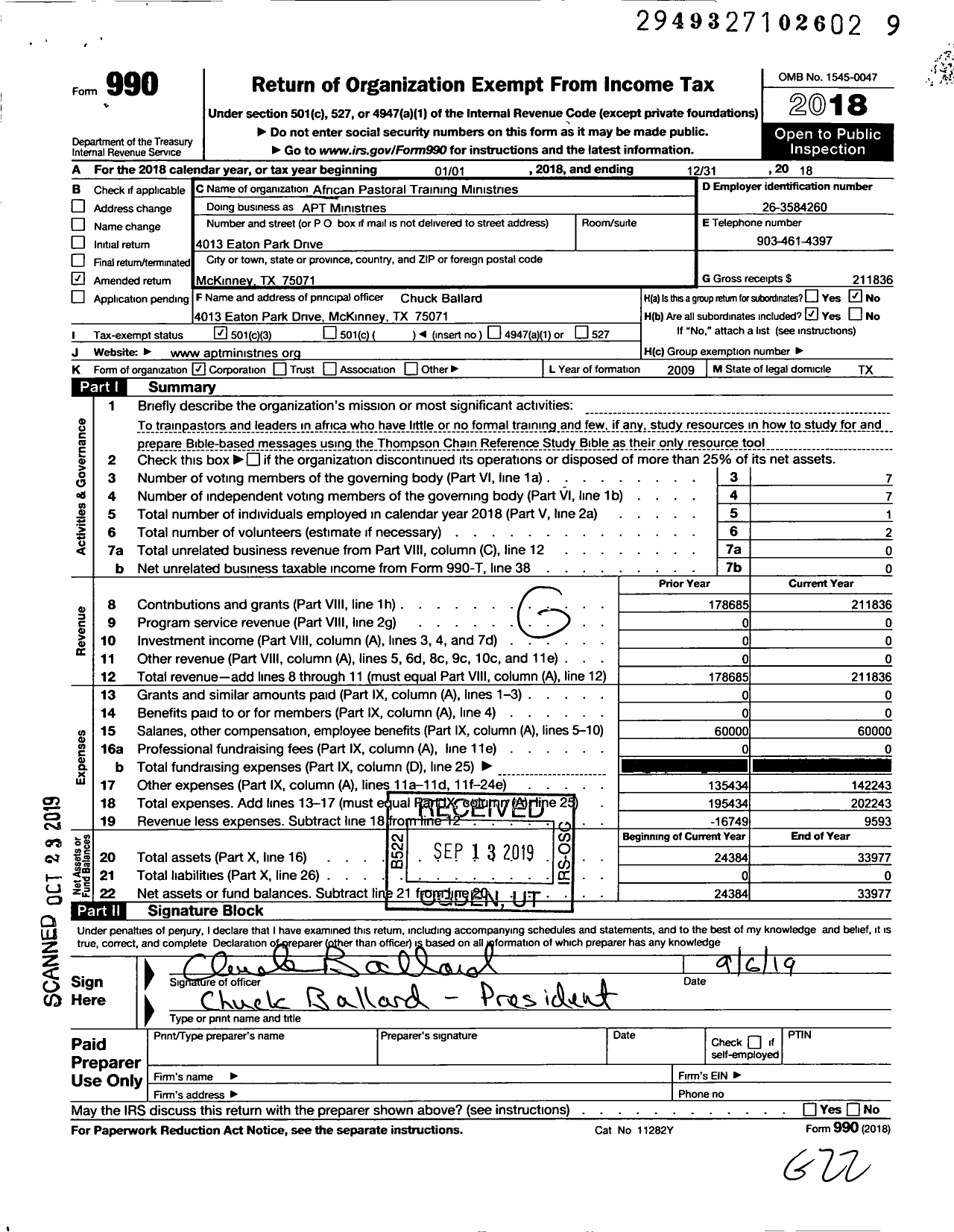 Image of first page of 2018 Form 990 for African Pastoral Training Ministries