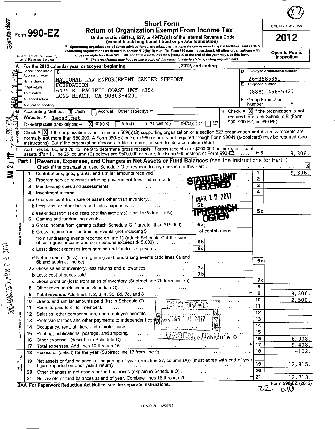 Image of first page of 2012 Form 990EZ for National Law Enforcement Cancer Support Foundation