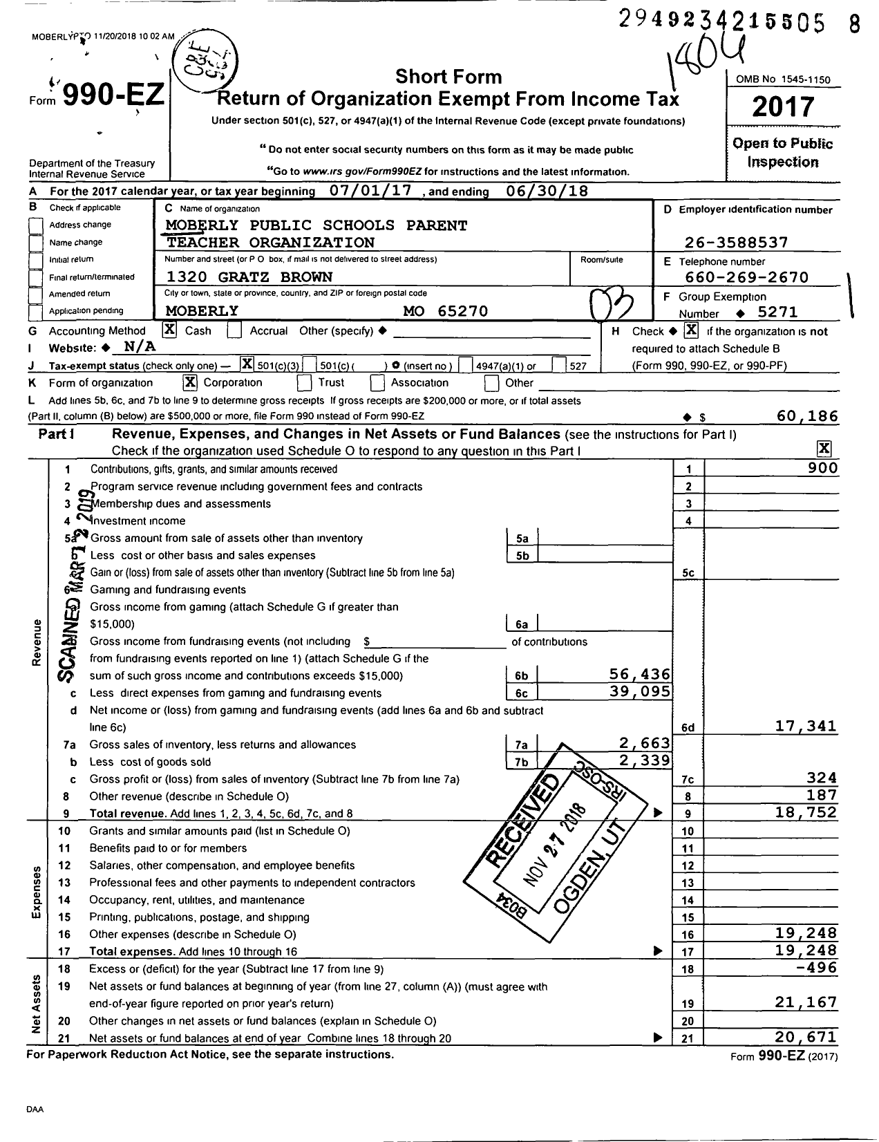 Image of first page of 2017 Form 990EZ for Parent Booster USA / Moberly Public Schools Pto Inc