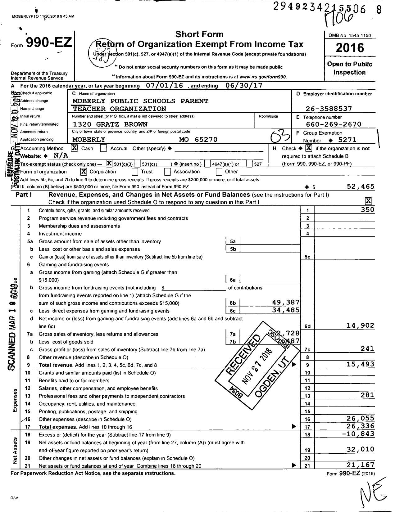 Image of first page of 2016 Form 990EZ for Parent Booster USA / Moberly Public Schools Pto Inc