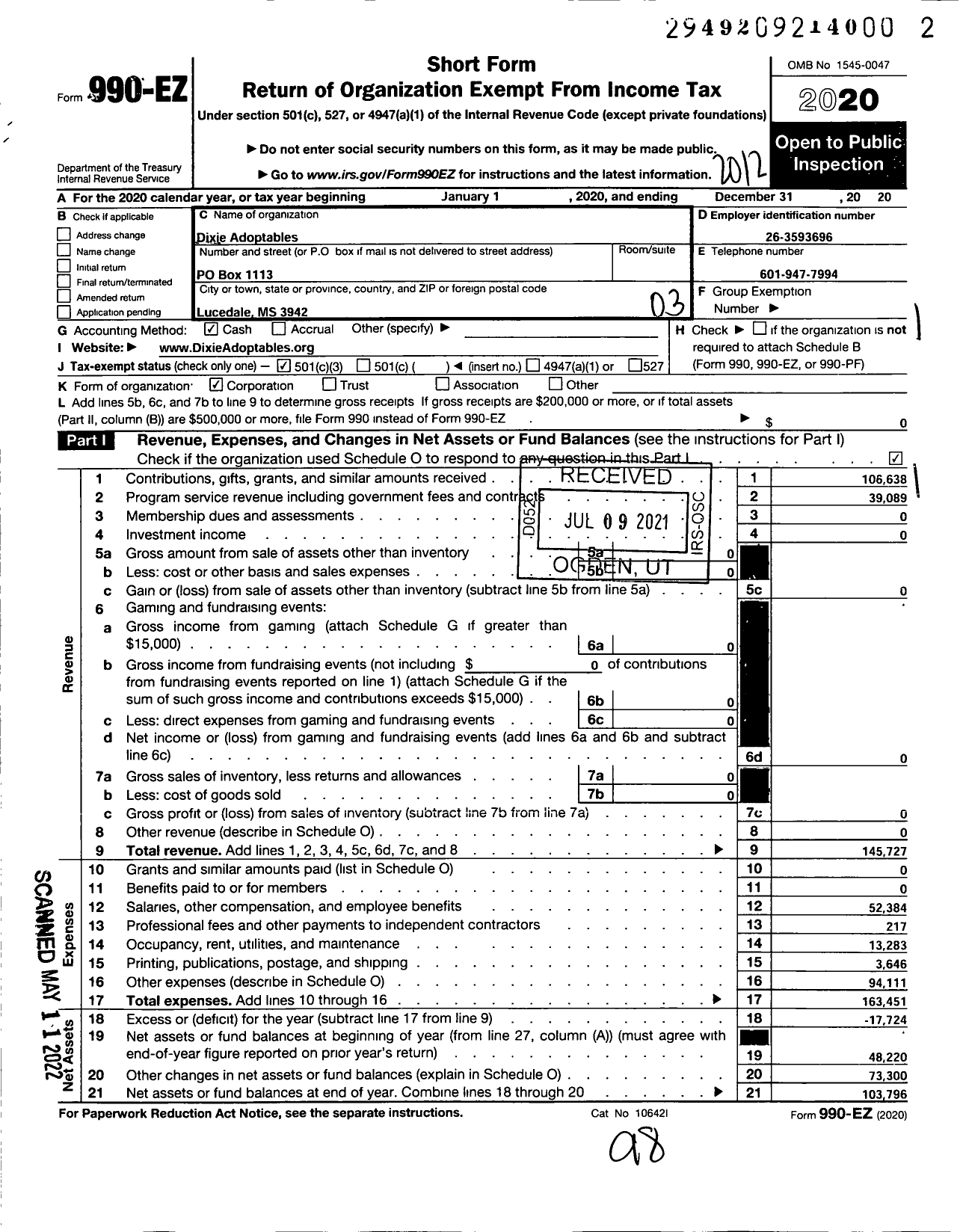 Image of first page of 2020 Form 990EZ for Dixie Adoptables