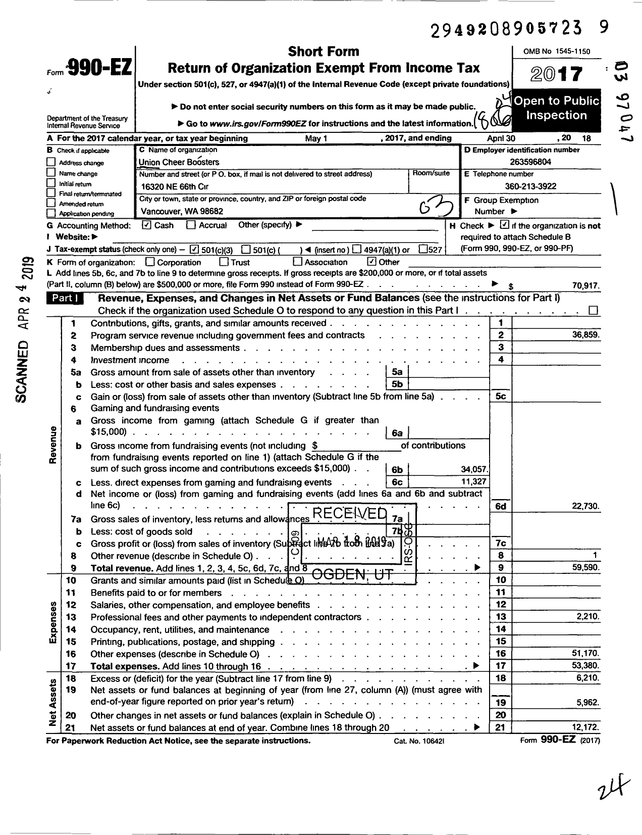 Image of first page of 2017 Form 990EZ for Union Cheer Boosters