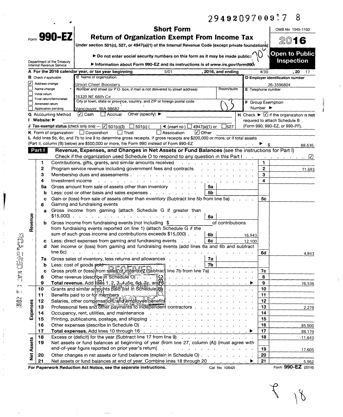 Image of first page of 2016 Form 990EZ for Union Cheer Boosters