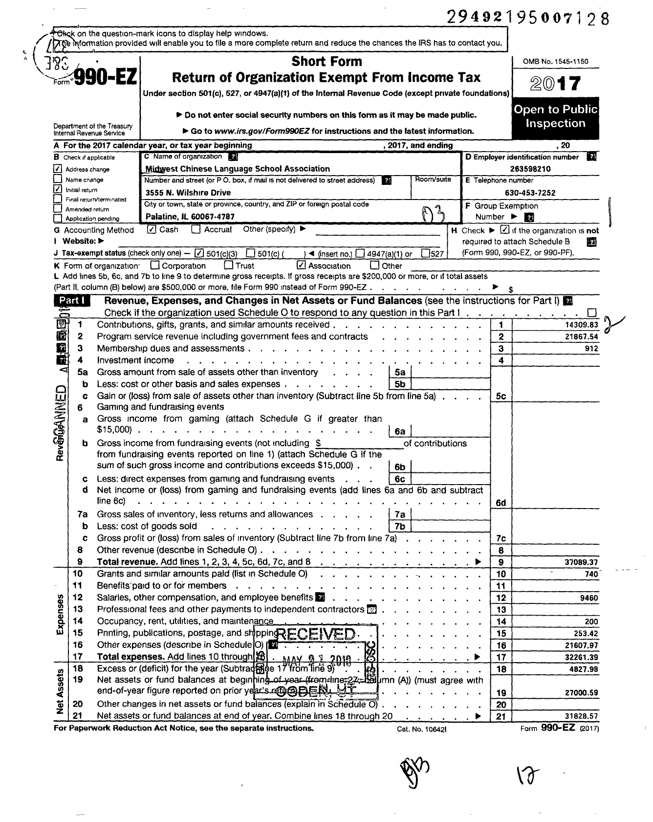 Image of first page of 2017 Form 990EZ for Midwest Chinese Language School Association