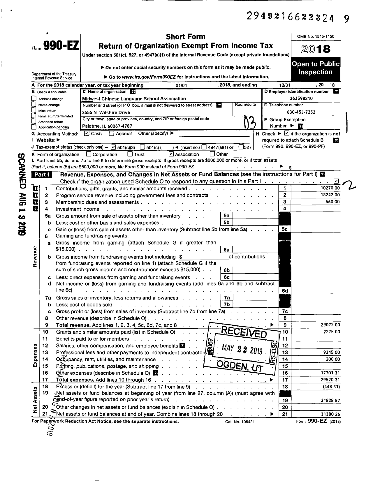 Image of first page of 2018 Form 990EZ for Midwest Chinese Language School Association