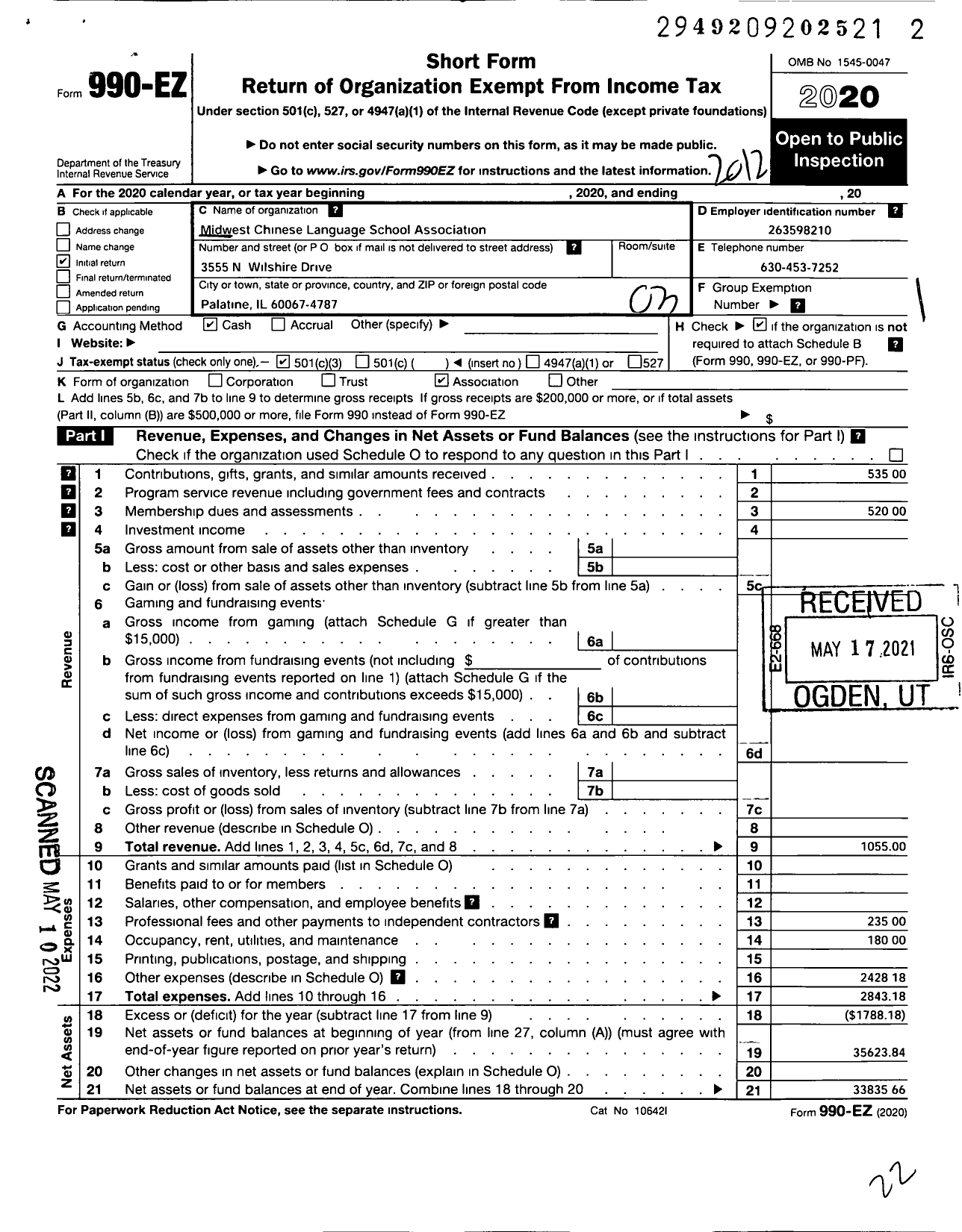 Image of first page of 2020 Form 990EZ for Midwest Chinese Language School Association