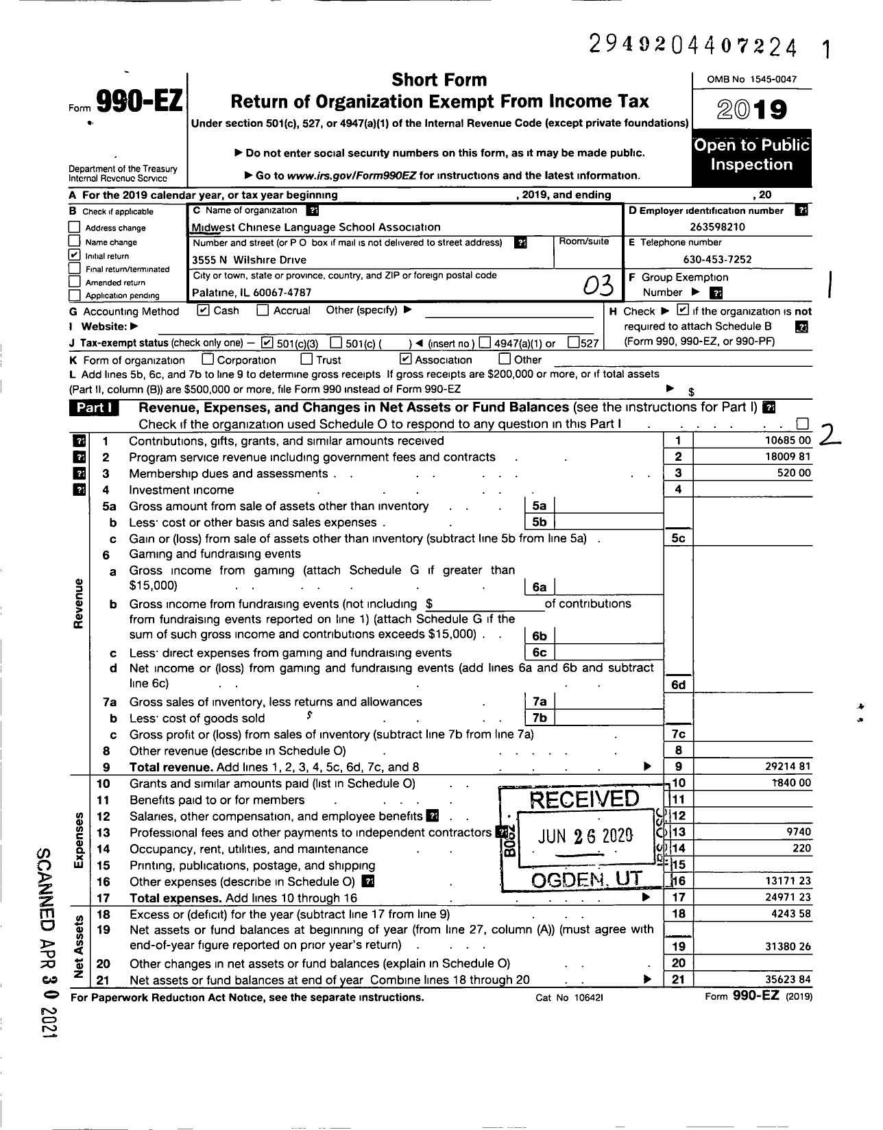 Image of first page of 2019 Form 990EZ for Midwest Chinese Language School Association