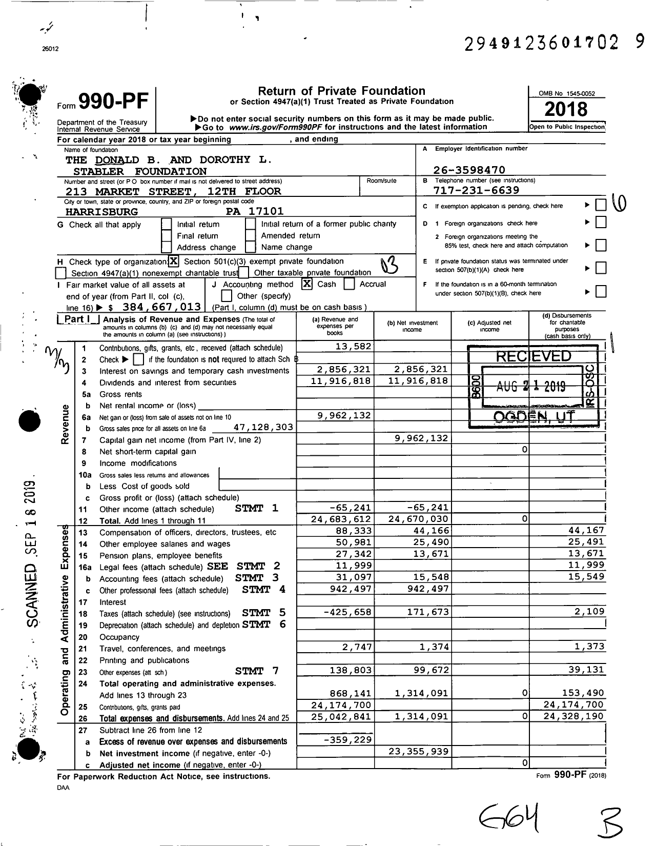 Image of first page of 2018 Form 990PF for Donald B and Dorothy L Stabler Foundation