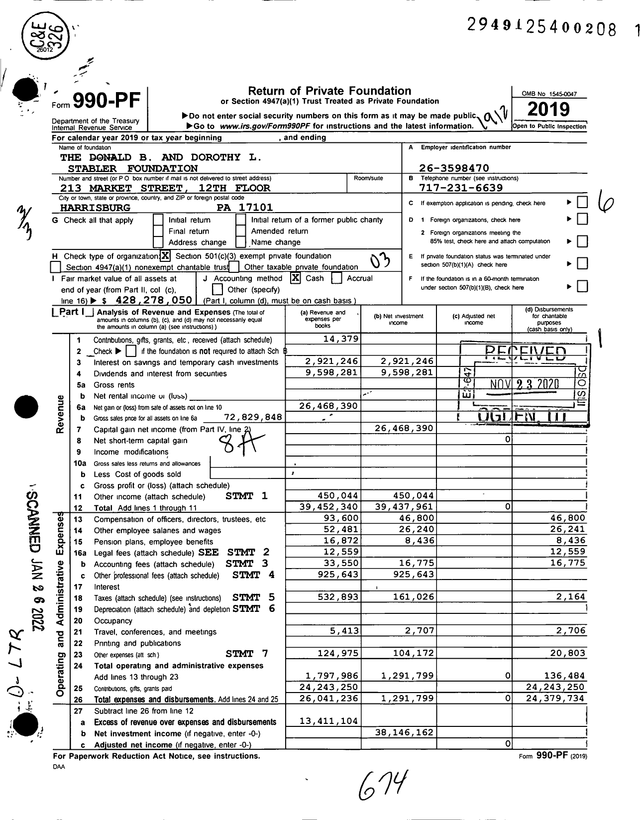 Image of first page of 2019 Form 990PF for Donald B and Dorothy L Stabler Foundation