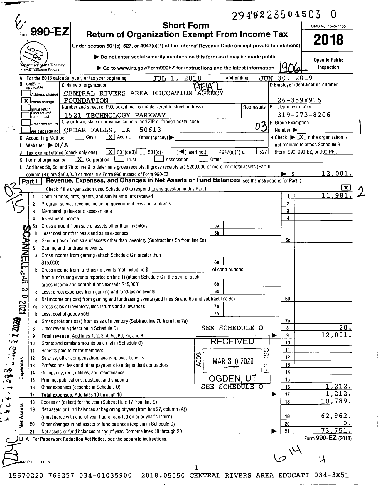 Image of first page of 2018 Form 990EZ for Central Rivers Area Education Agency Foundation