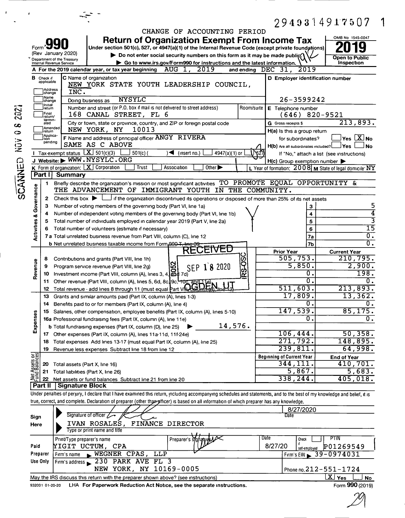 Image of first page of 2019 Form 990 for New York State Youth Leadership Council (NYSYLC)