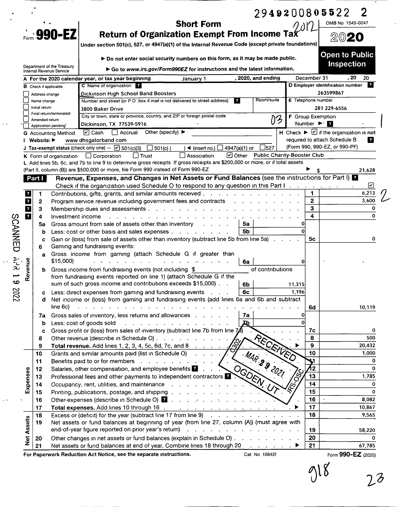 Image of first page of 2020 Form 990EZ for Dickinson High School Band Boosters