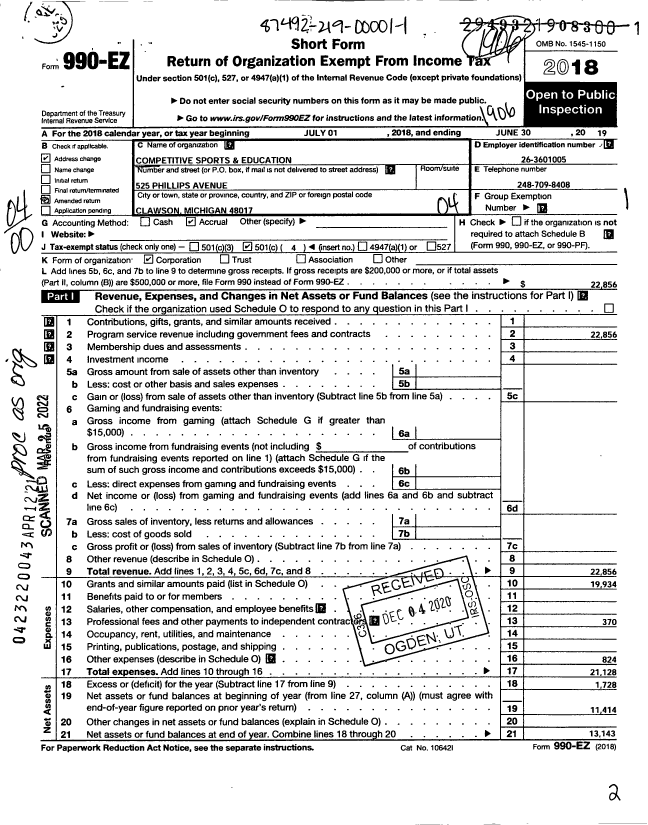 Image of first page of 2018 Form 990EO for Competitive Sports and Education