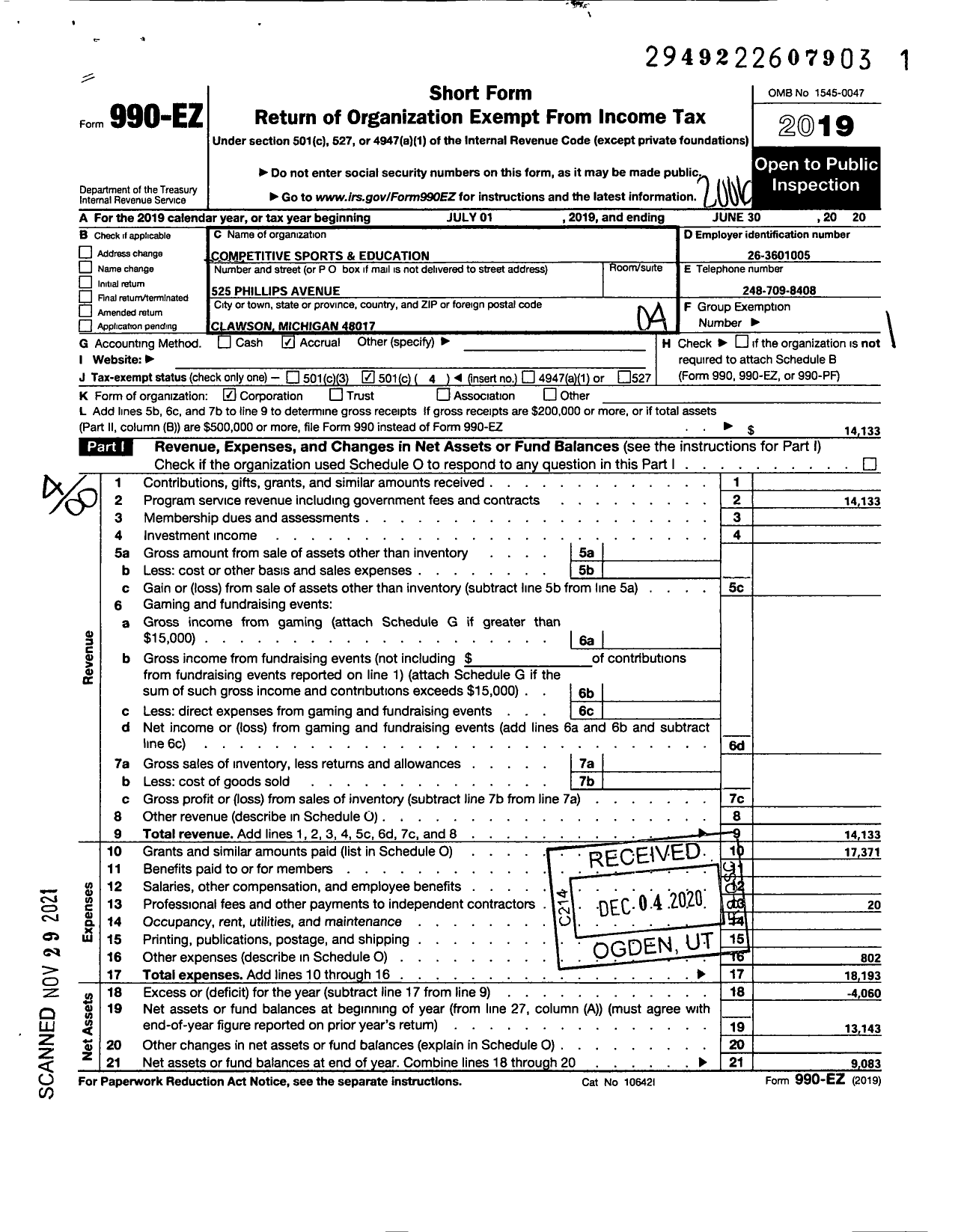 Image of first page of 2019 Form 990EO for Competitive Sports and Education