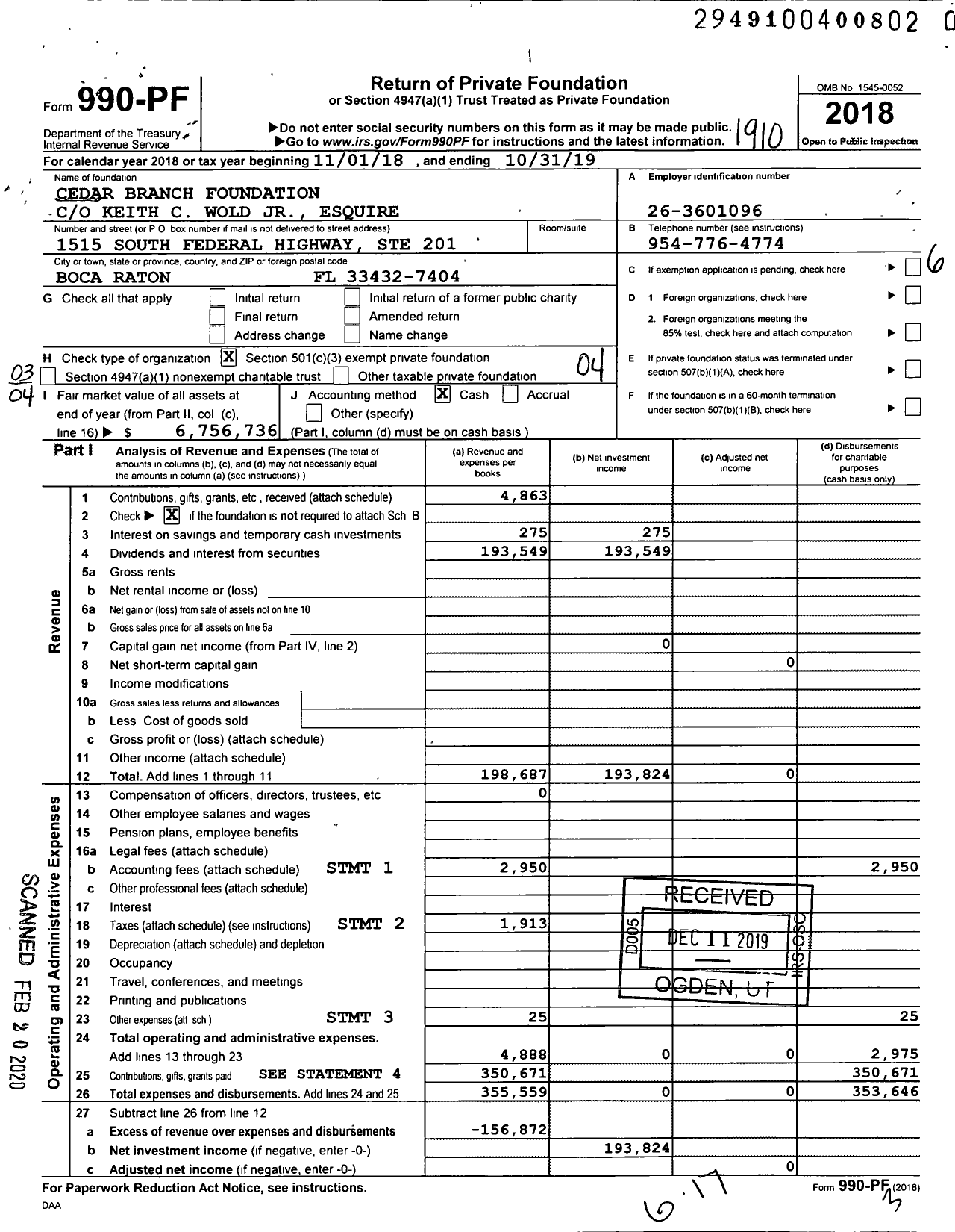 Image of first page of 2018 Form 990PR for Cedar Branch Foundation