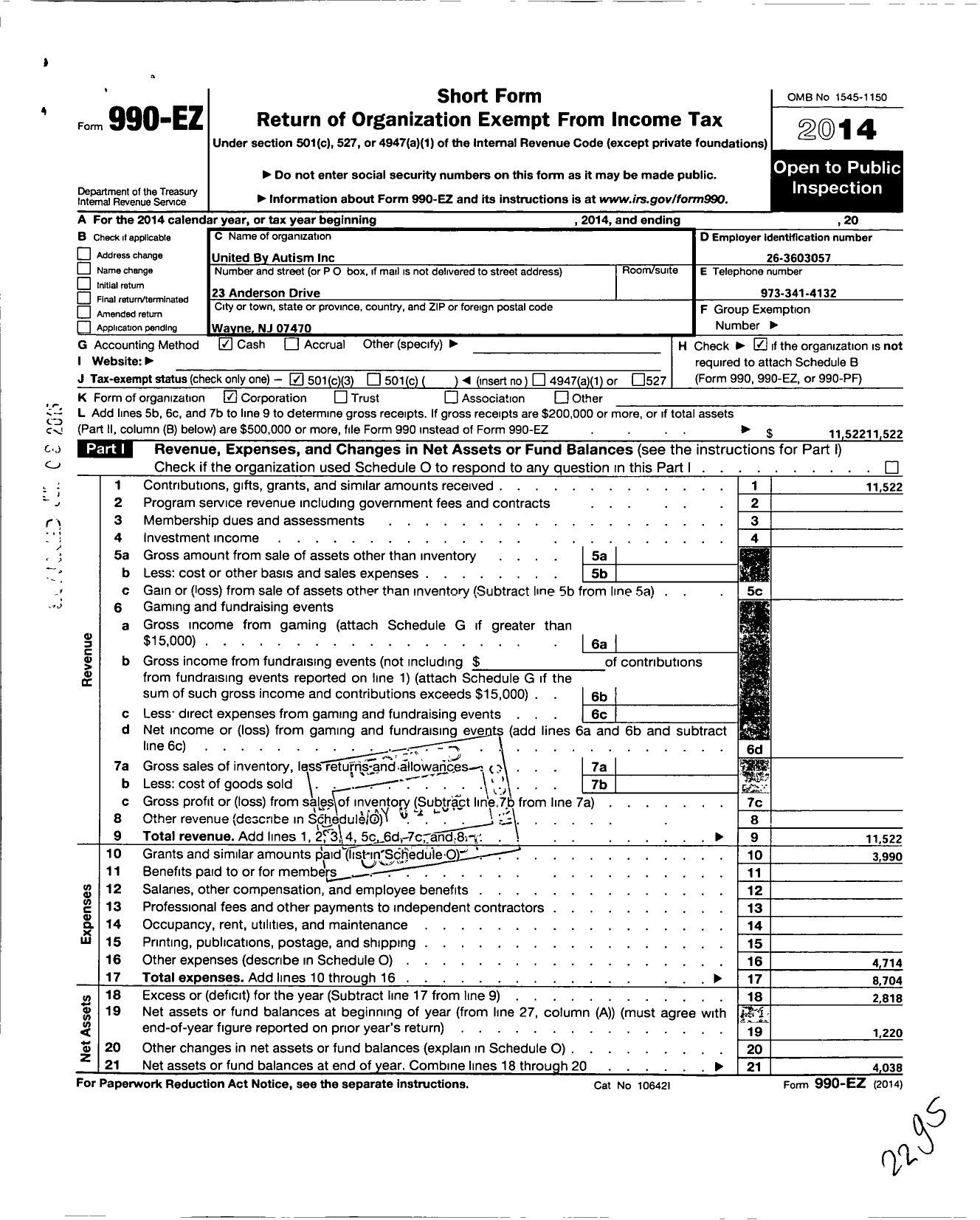 Image of first page of 2014 Form 990EZ for United By Autism