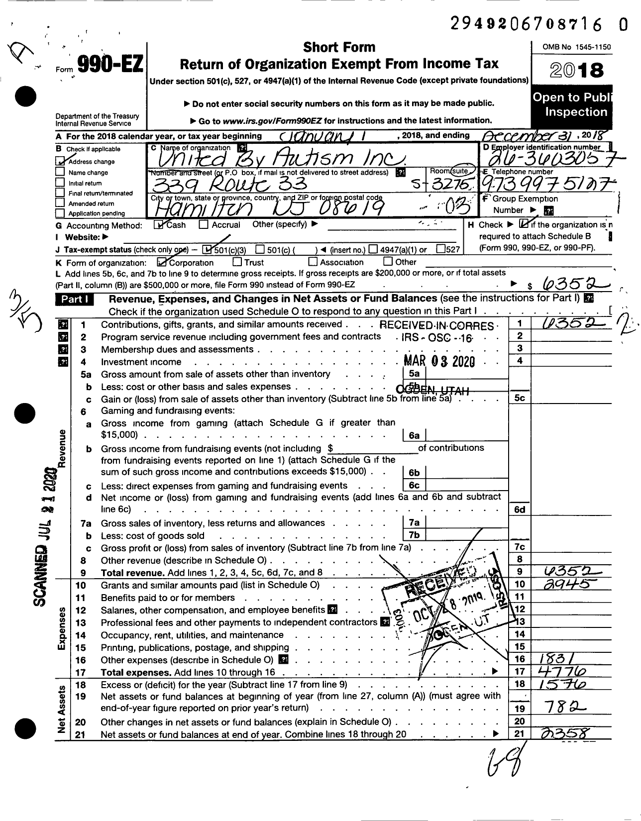 Image of first page of 2018 Form 990EZ for United By Autism