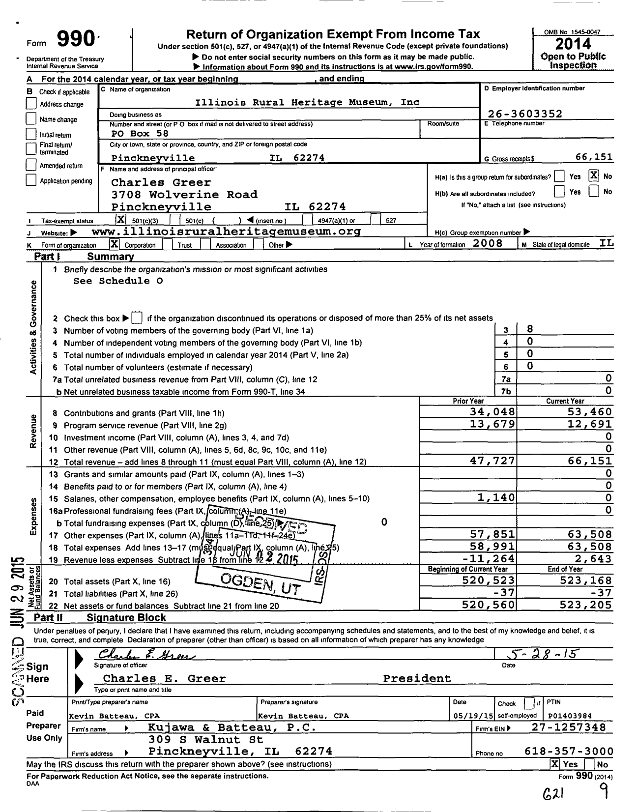 Image of first page of 2014 Form 990 for Illinois Rural Heritage Museum