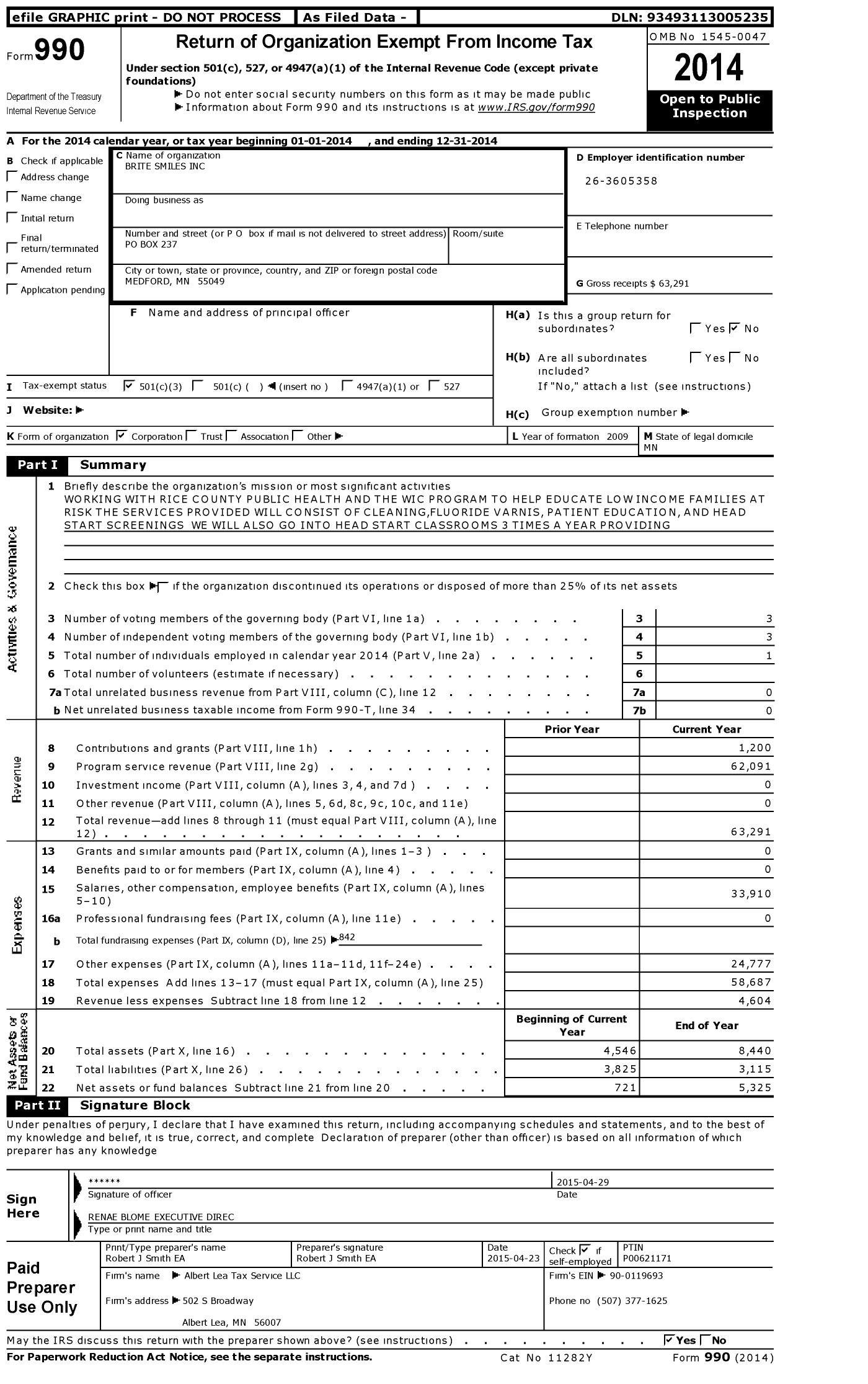 Image of first page of 2014 Form 990 for Brite Smiles