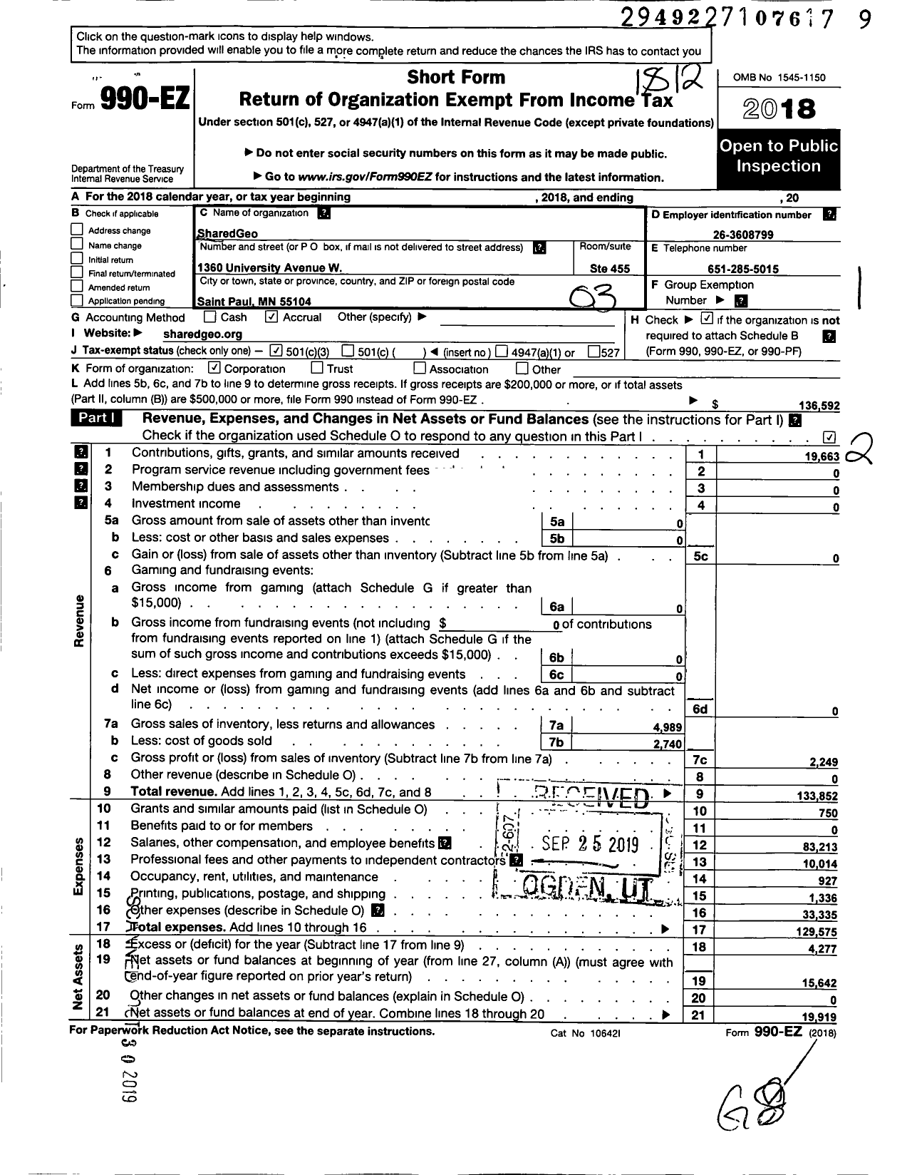 Image of first page of 2018 Form 990EZ for Sharedgeo