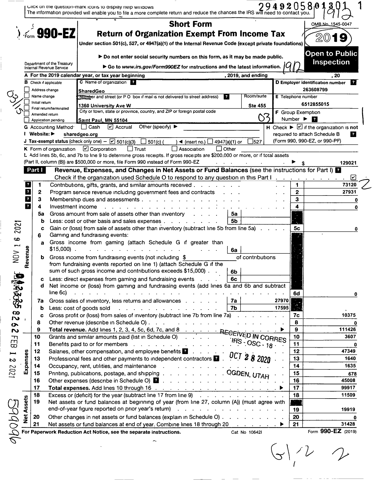 Image of first page of 2019 Form 990EZ for Sharedgeo