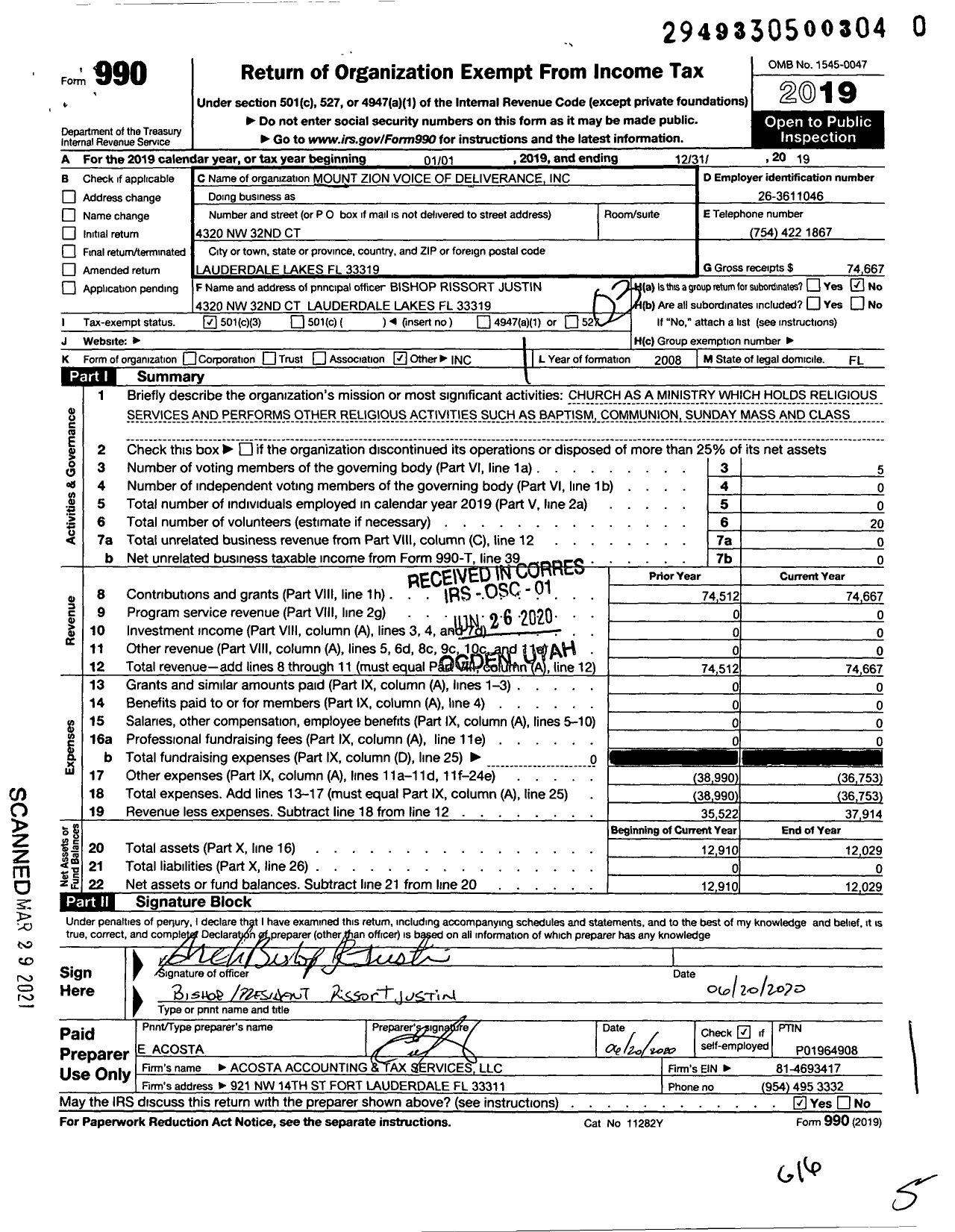 Image of first page of 2019 Form 990 for Mount Zion Voice of Delivernance