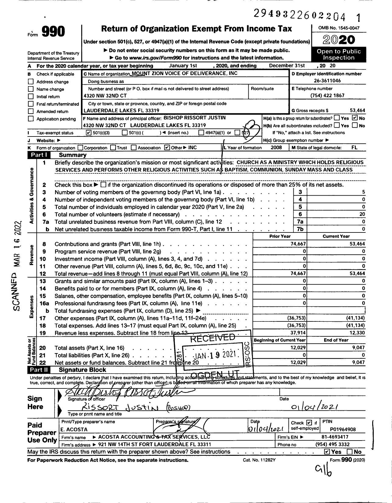 Image of first page of 2020 Form 990 for Mount Zion Voice of Delivernance