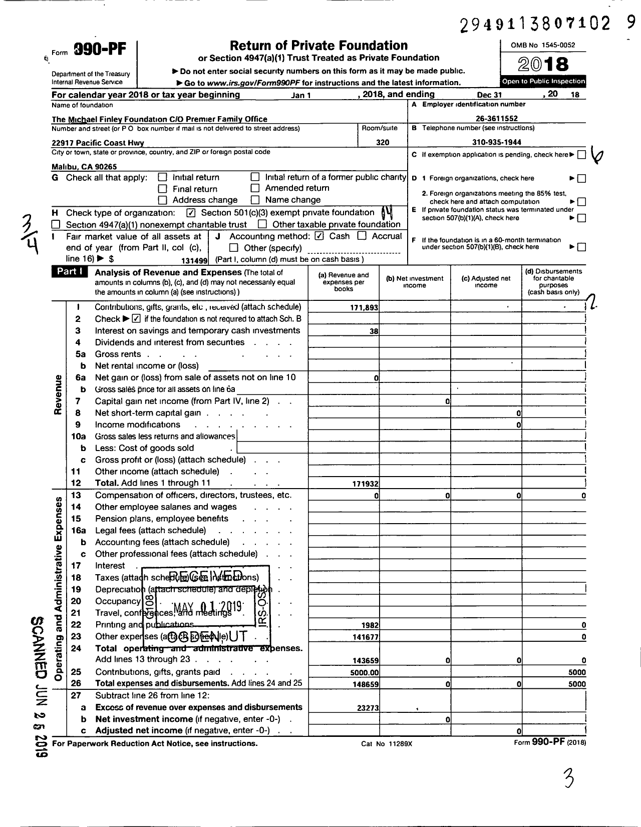 Image of first page of 2018 Form 990PF for The Michael Finley Foundation