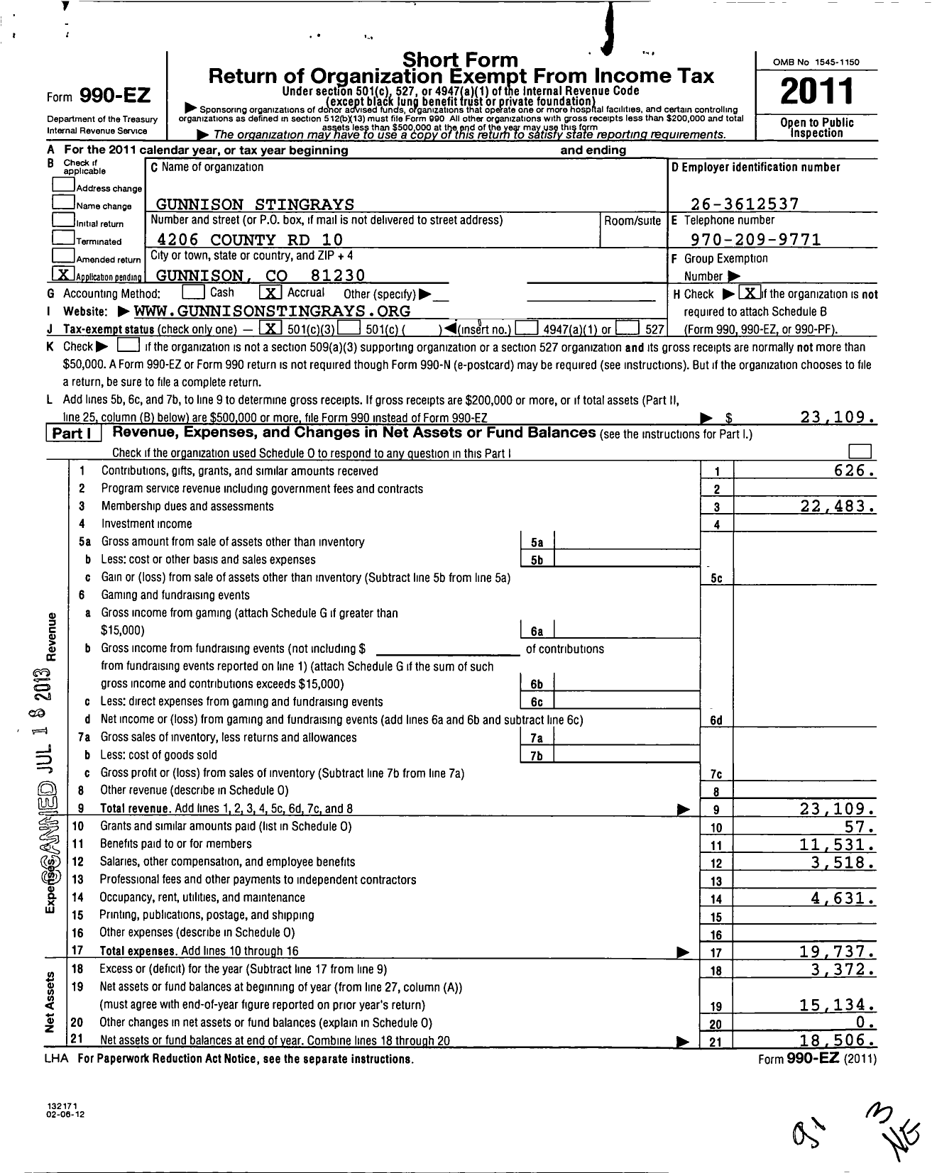 Image of first page of 2011 Form 990EZ for Gunnison Stingrays