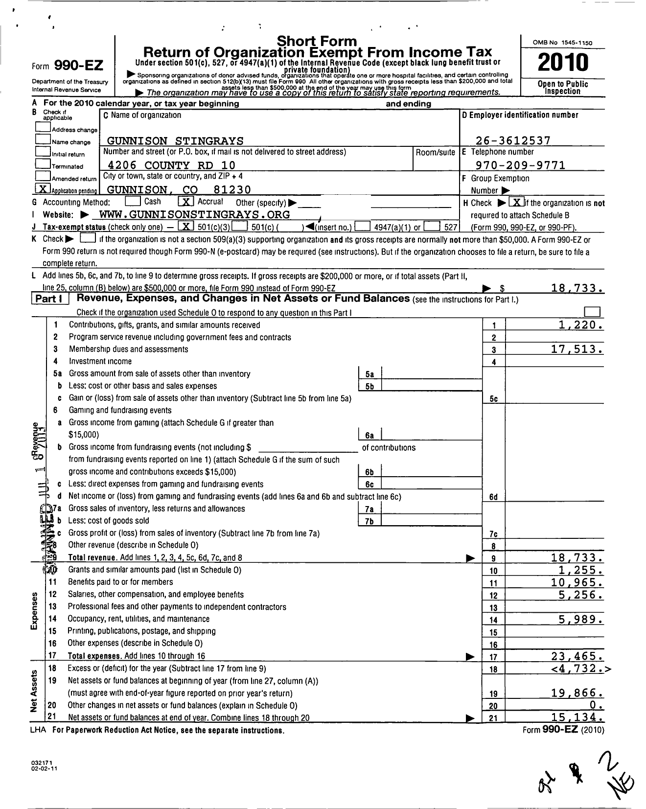 Image of first page of 2010 Form 990EZ for Gunnison Stingrays