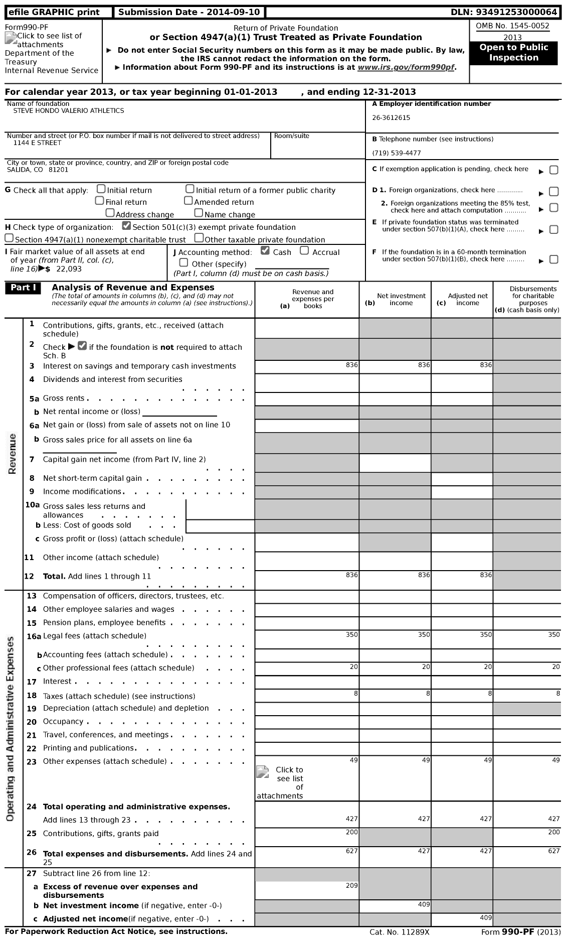Image of first page of 2013 Form 990PF for Steve Hondo Valerio Athletics